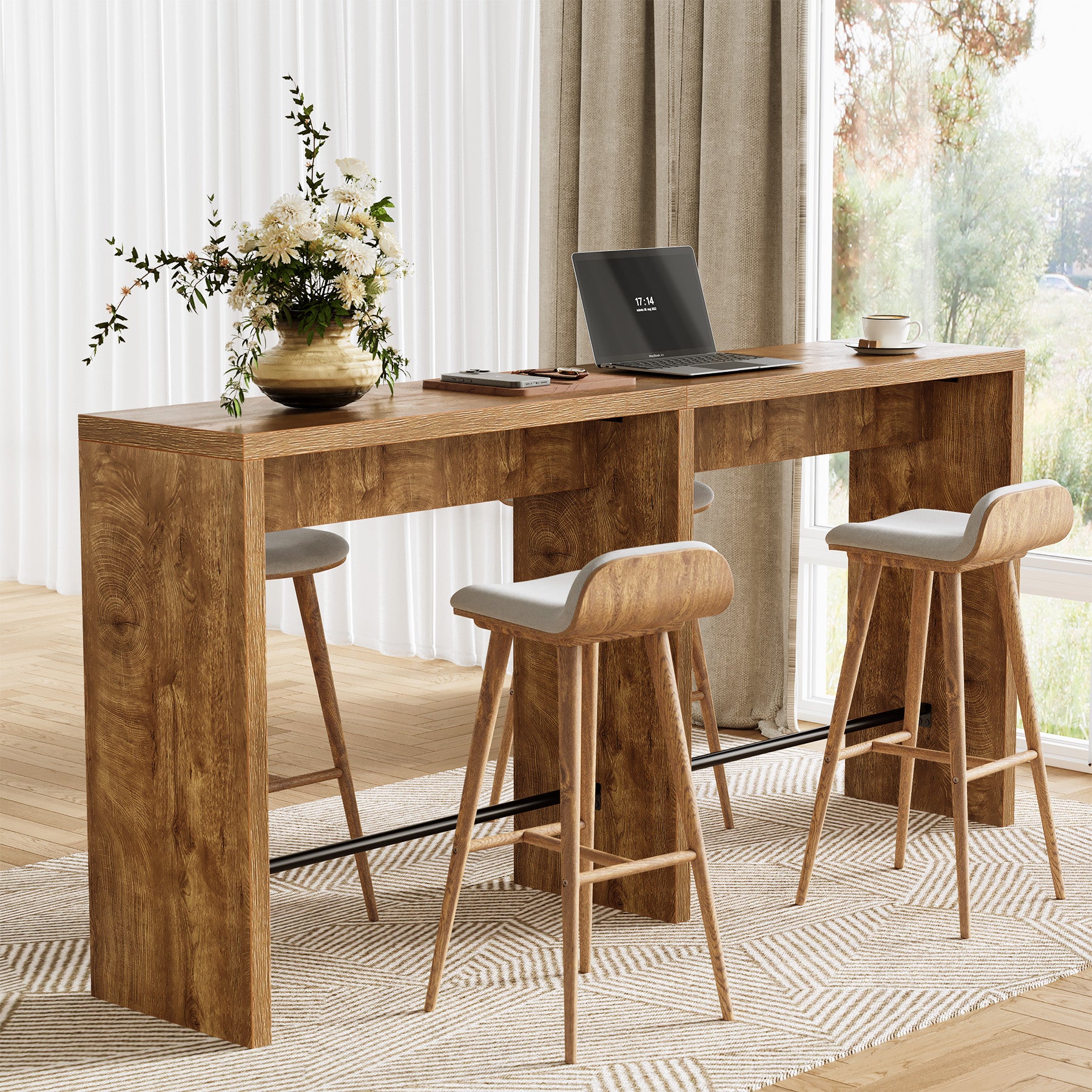 78.74" Narrow Bar Table, High-Top Pub Table with Sturdy Iron Footrest for Kitchen