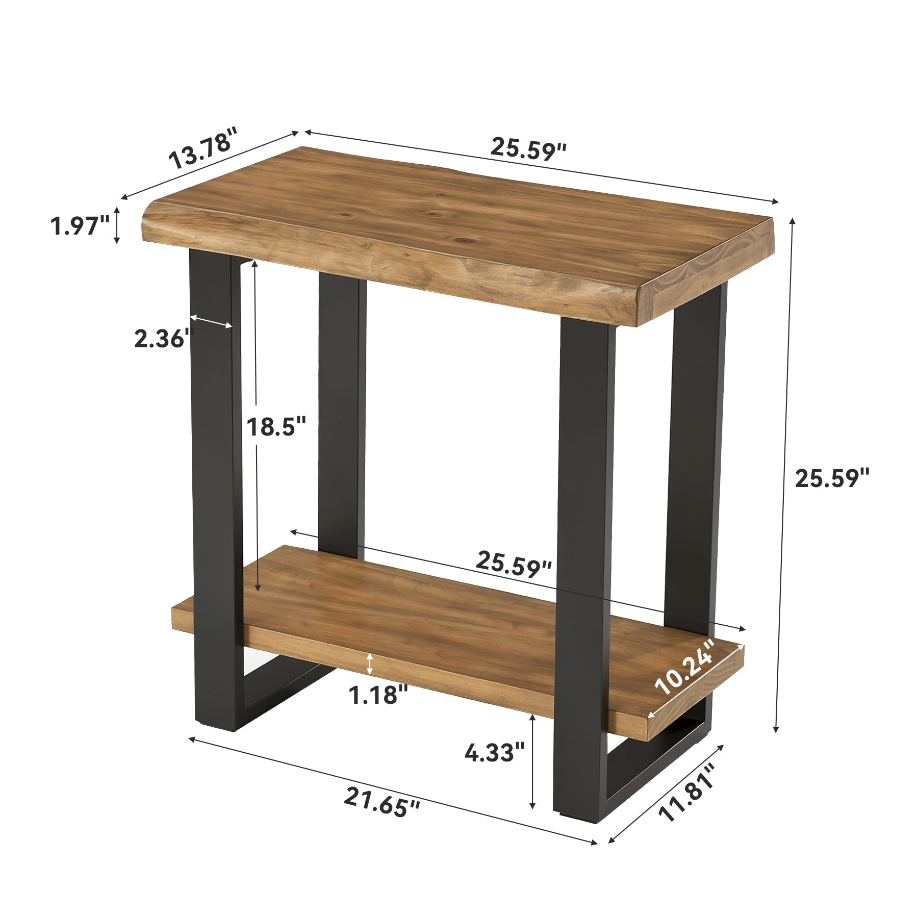 Solid Wood End Table, 2-Tier Side Table Nightstand with Iron Frame