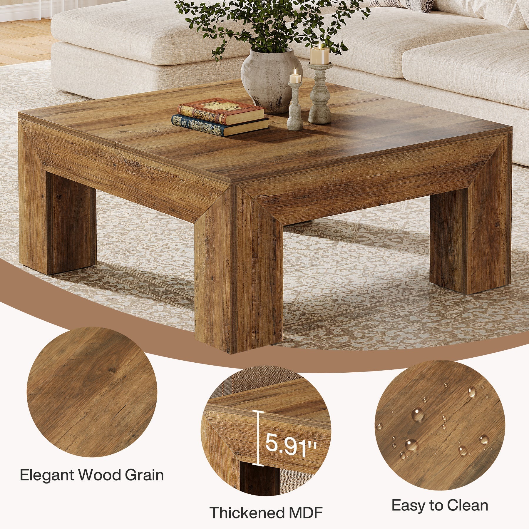 39" Coffee Table, Farmhouse Square Accent Center Cocktail Table Tribesigns