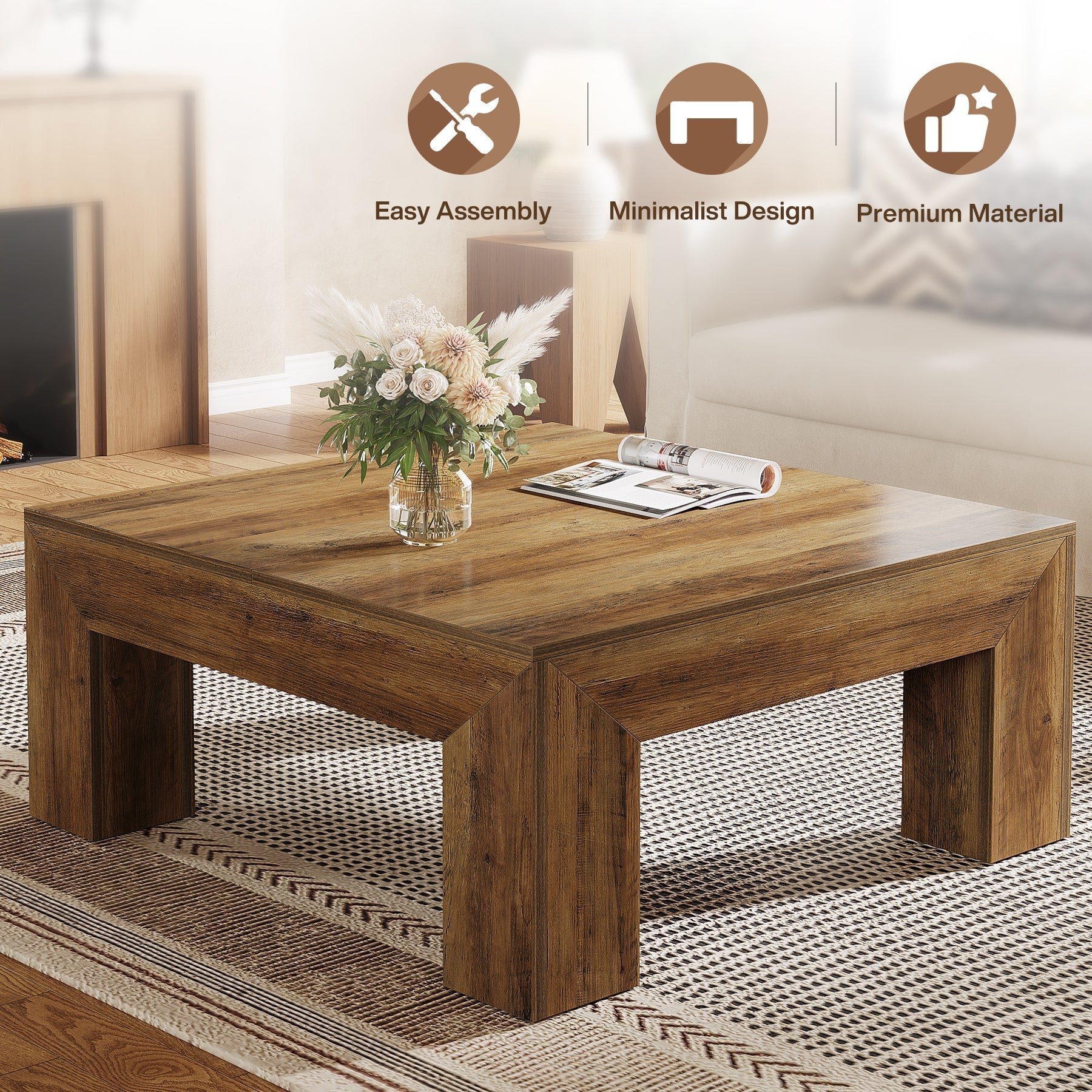 39" Coffee Table, Farmhouse Square Accent Center Cocktail Table Tribesigns