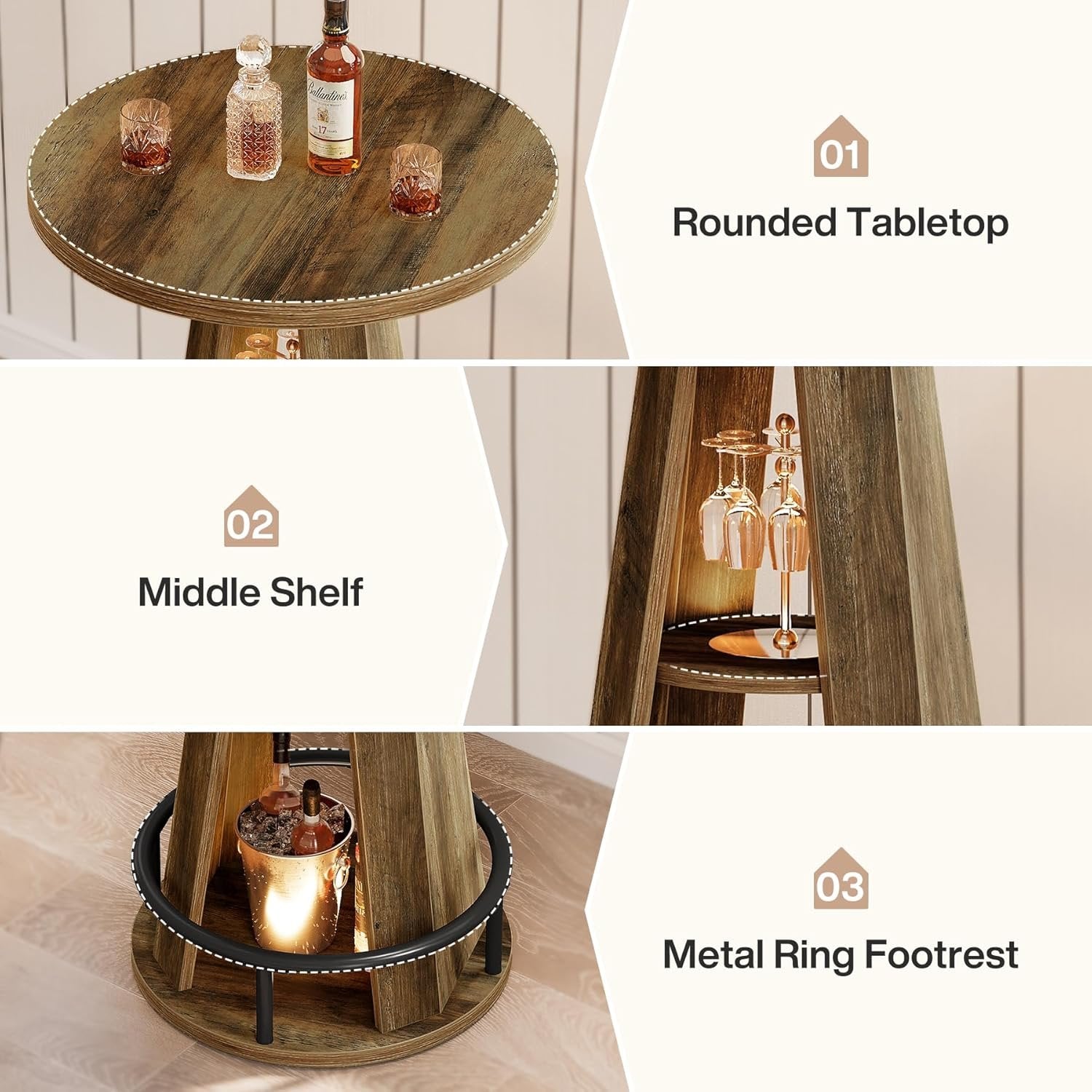 39.4" Bar Table, 3-Tier High Top Bistro Table Cocktail Pub Tables with Metal Footrest