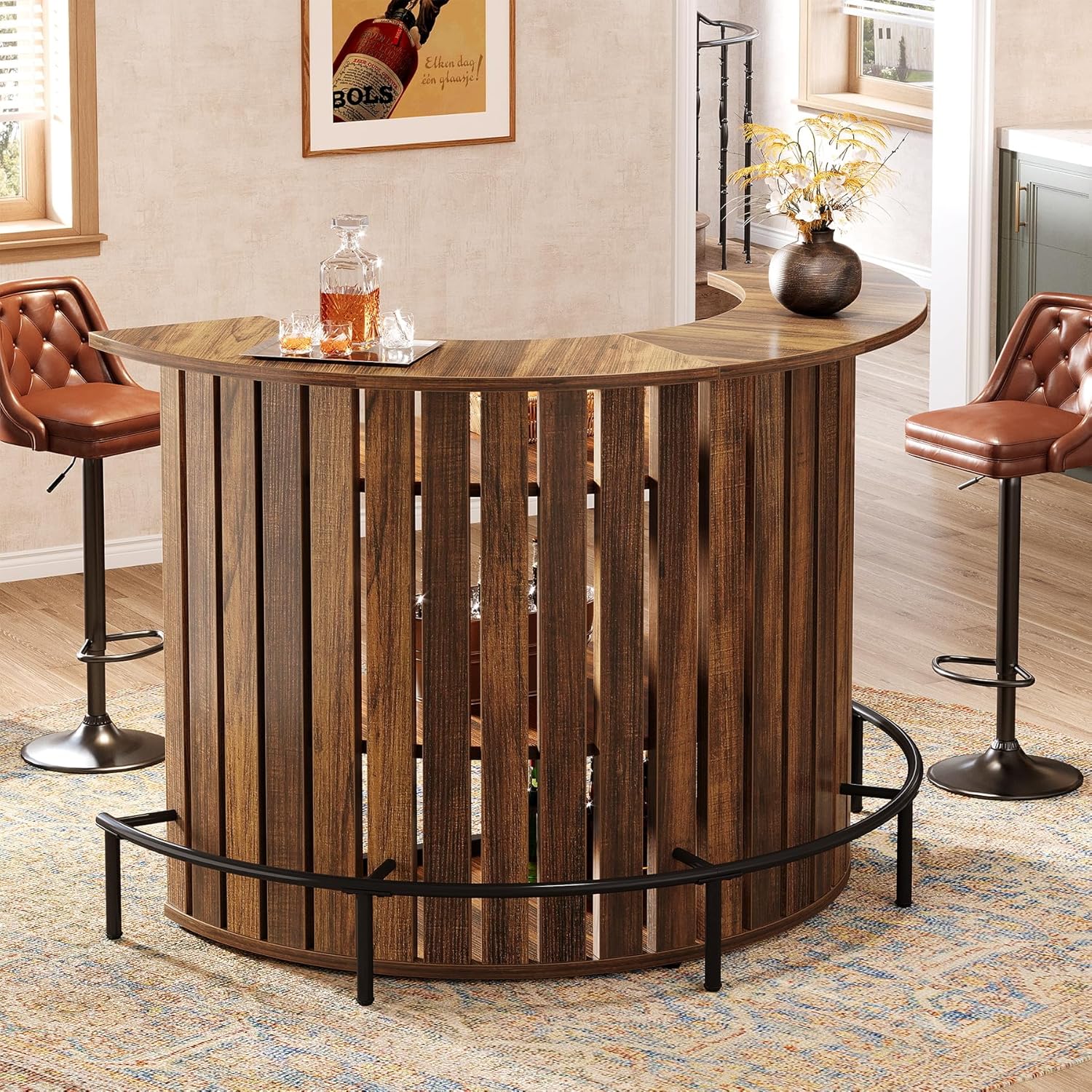 39.4" Bar Table, 4-Tier Arc-Shaped Wine Bar Cabinet with Footrest for Home Pub