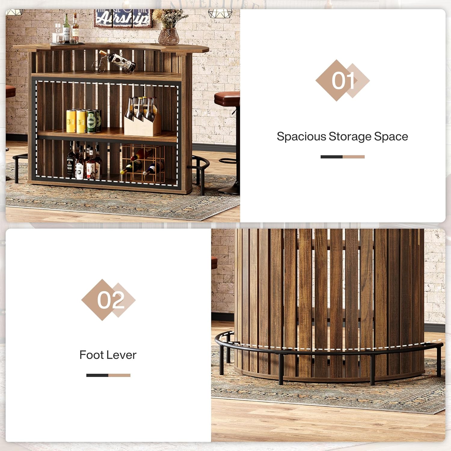 39.4" Bar Table, 4-Tier Arc-Shaped Wine Bar Cabinet with Footrest for Home Pub