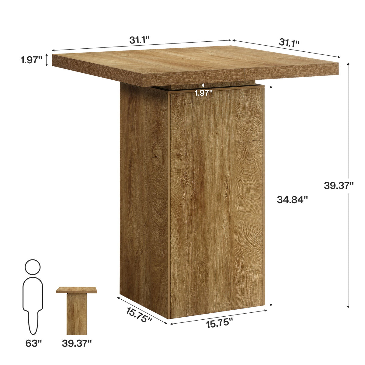 39.4" Square Bar Table, High Top Bistro Pub Cocktail Table Dining Table