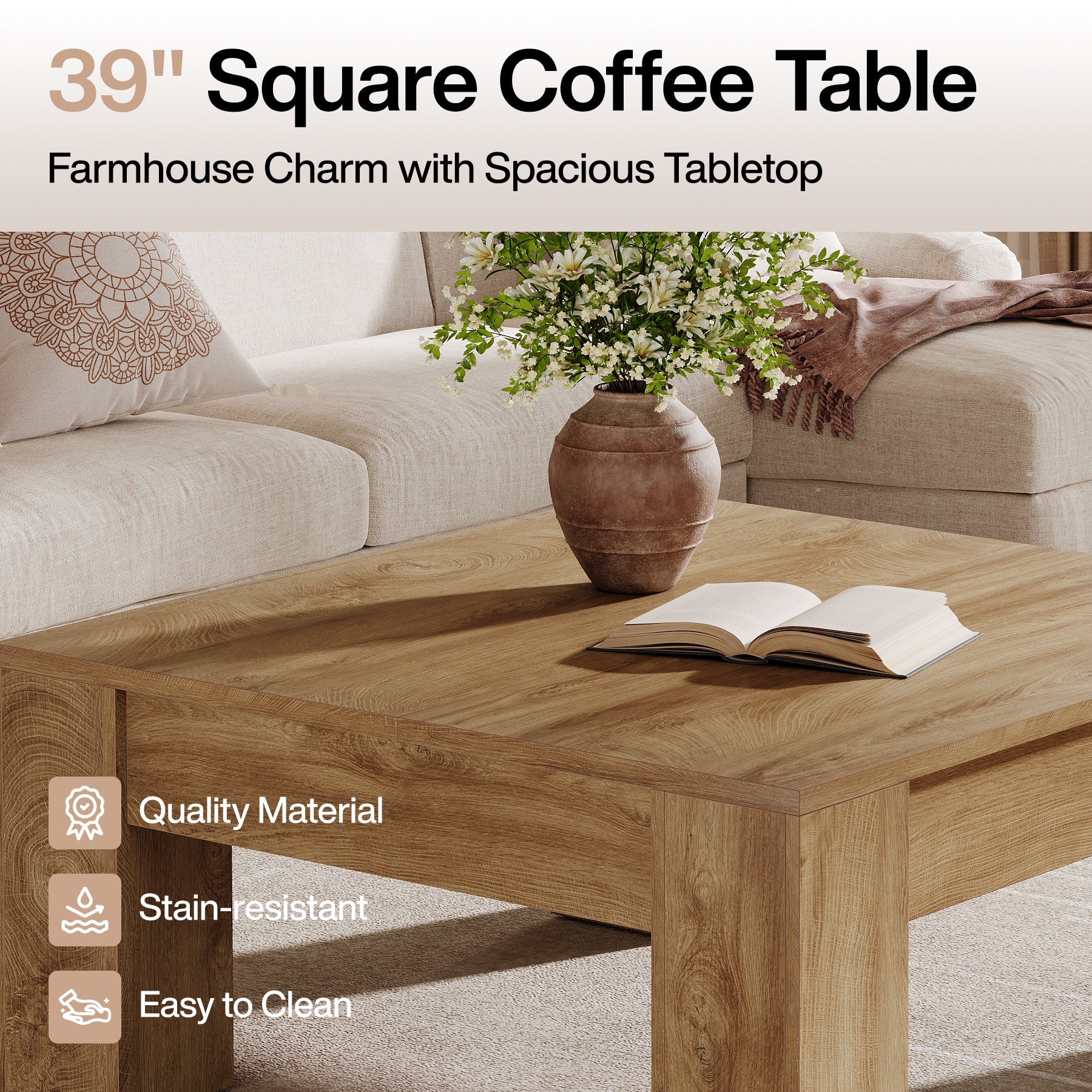 39" Square Coffee Table, Farmhouse Wood Coffee Table with Sturdy Legs