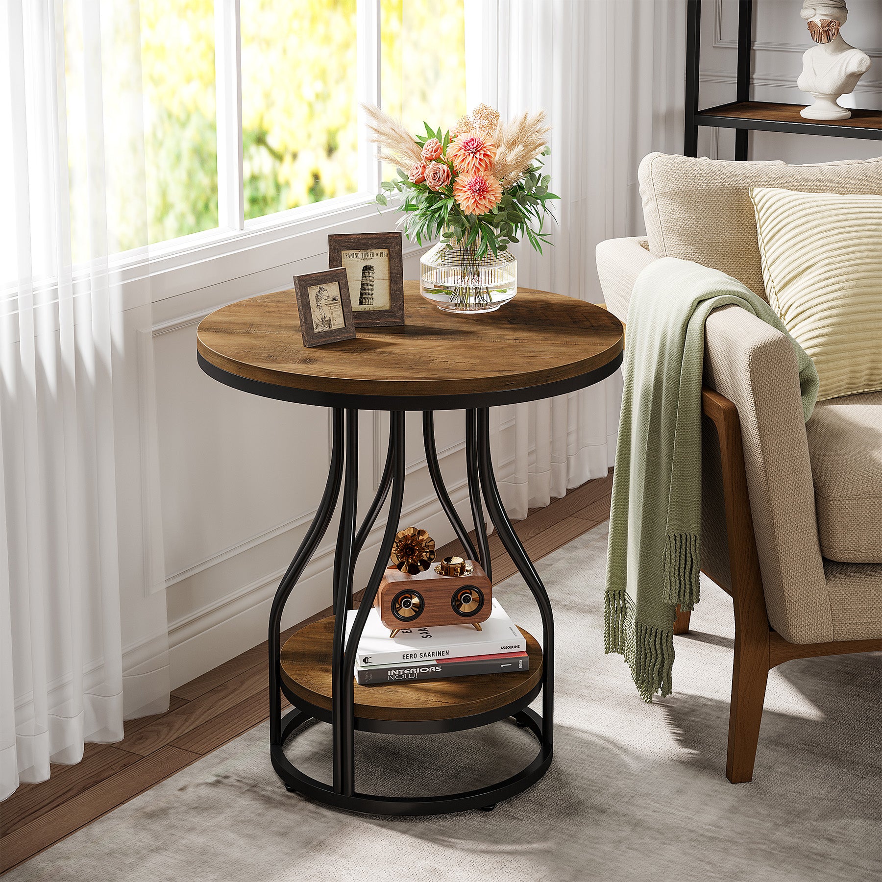 2-Tier End Table, Round Sofa Side Table with Metal Frame