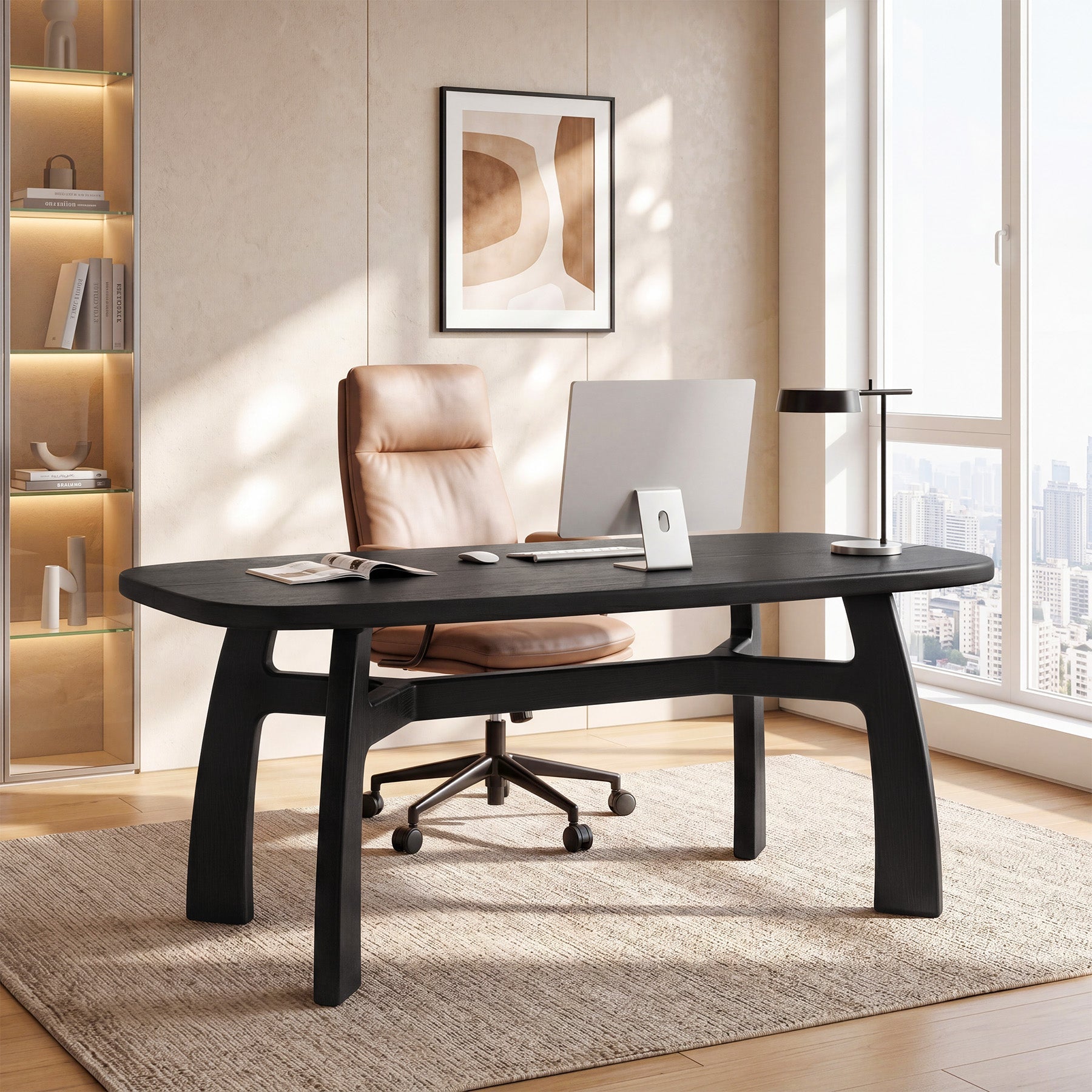 63" Solid Wood Computer Desk, Modern Office Desk with Boat-Shaped Top for Home Office