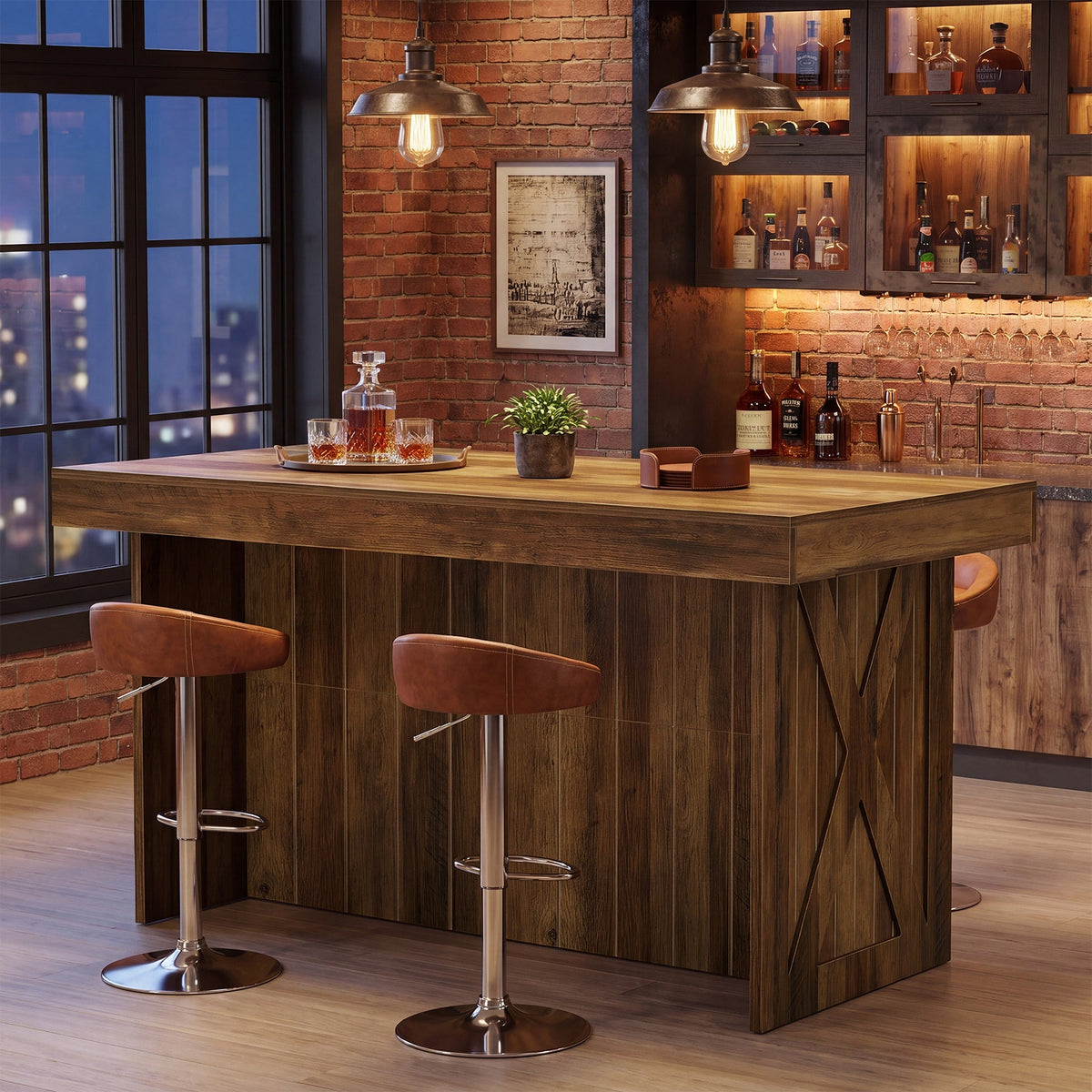 55.12" Bar Table, 3-Tier Home Bar Unit with Storage Shelves for Kitchen