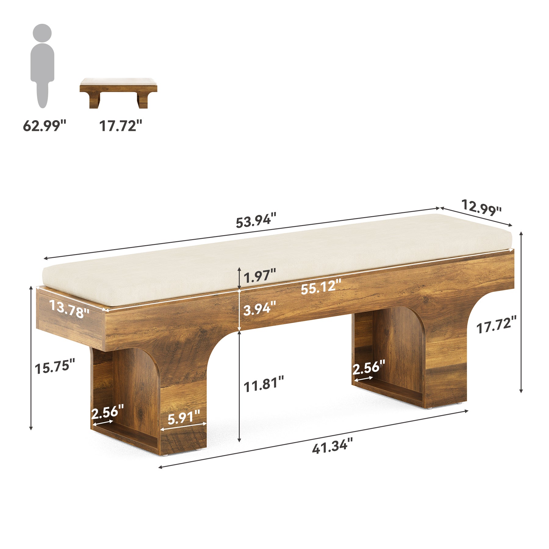 55" Dining Bench with Linen Cushion, Farmhouse Entryway Bench for Hallway