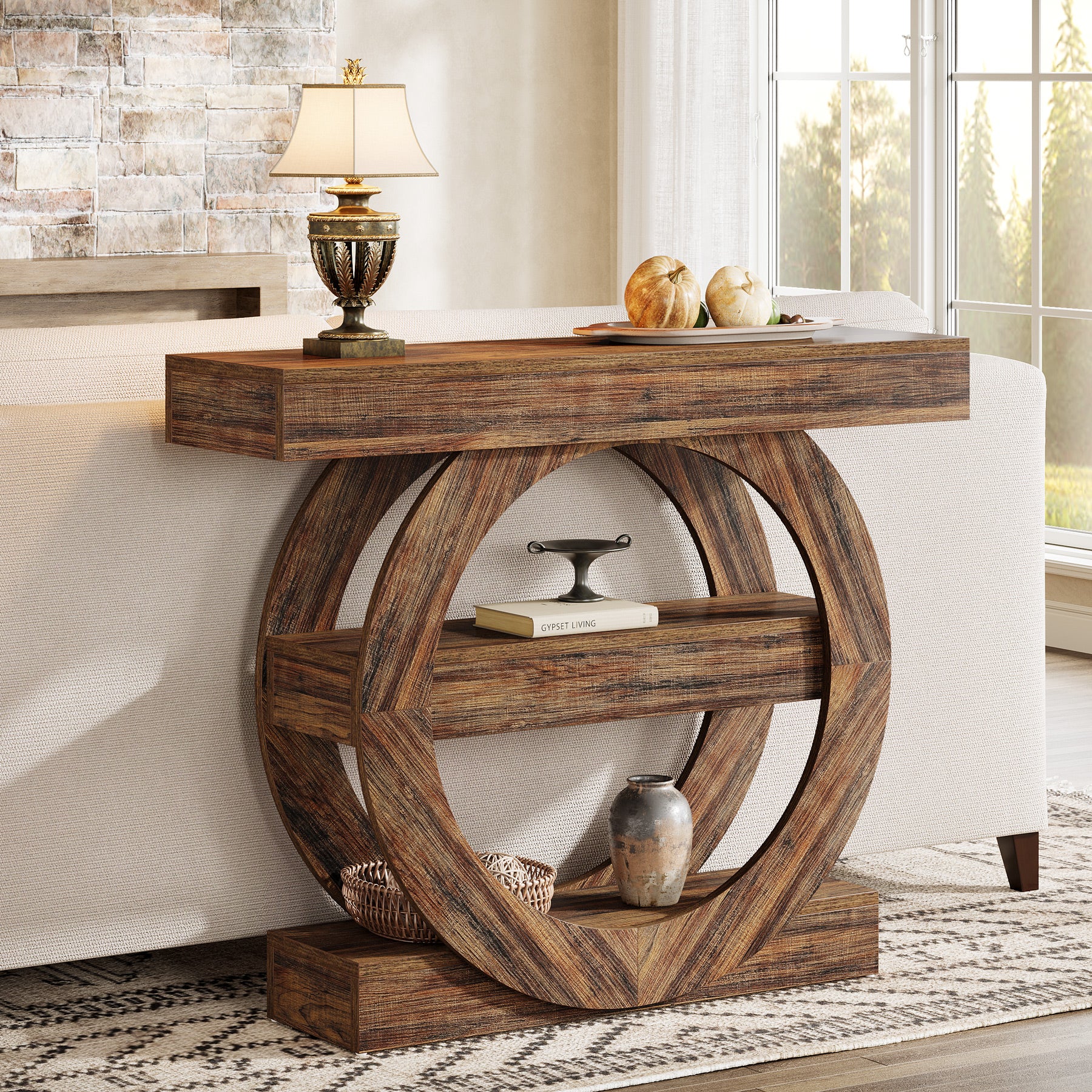 41.3" Console Table, 3-Tier Sofa Table Behind Couch with Circle Base