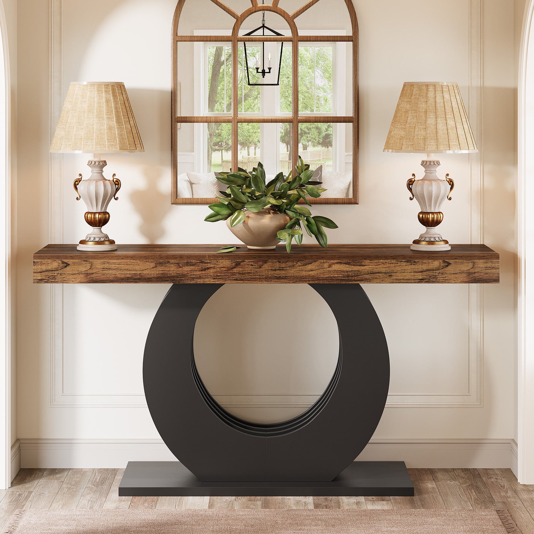 63" Console Table, Narrow Sofa Table with Circle Metal Base