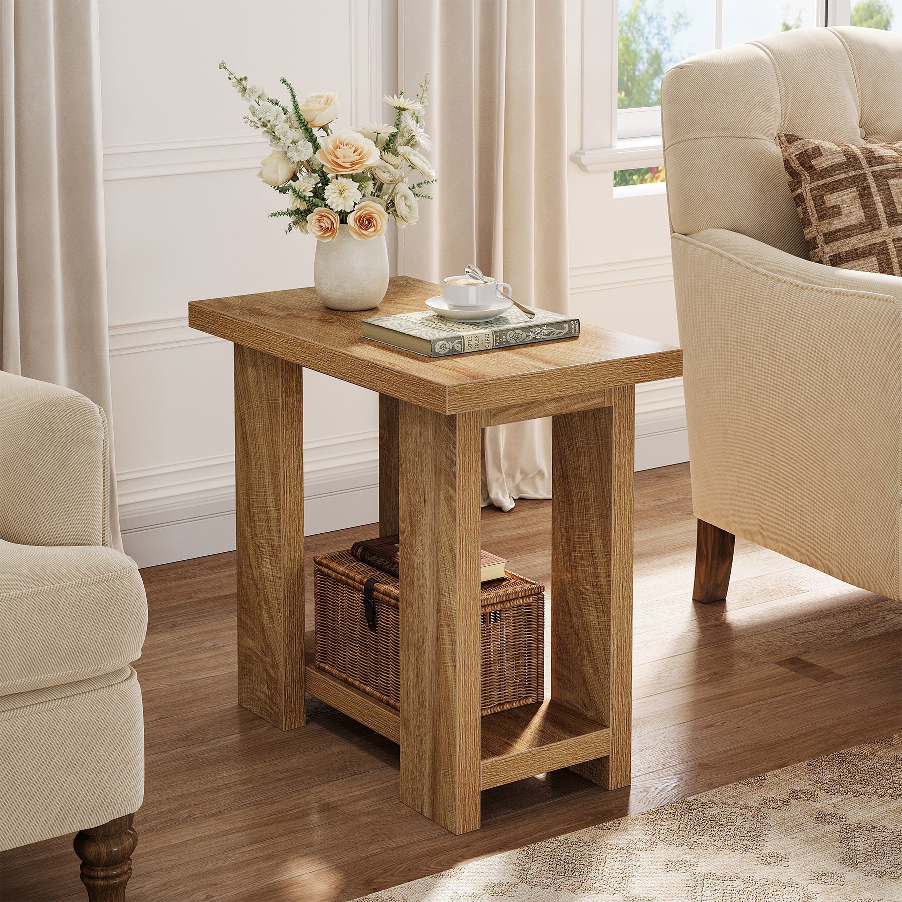 2-Tier End Table, Farmhouse Side Table with Storage Shelves for Small Space