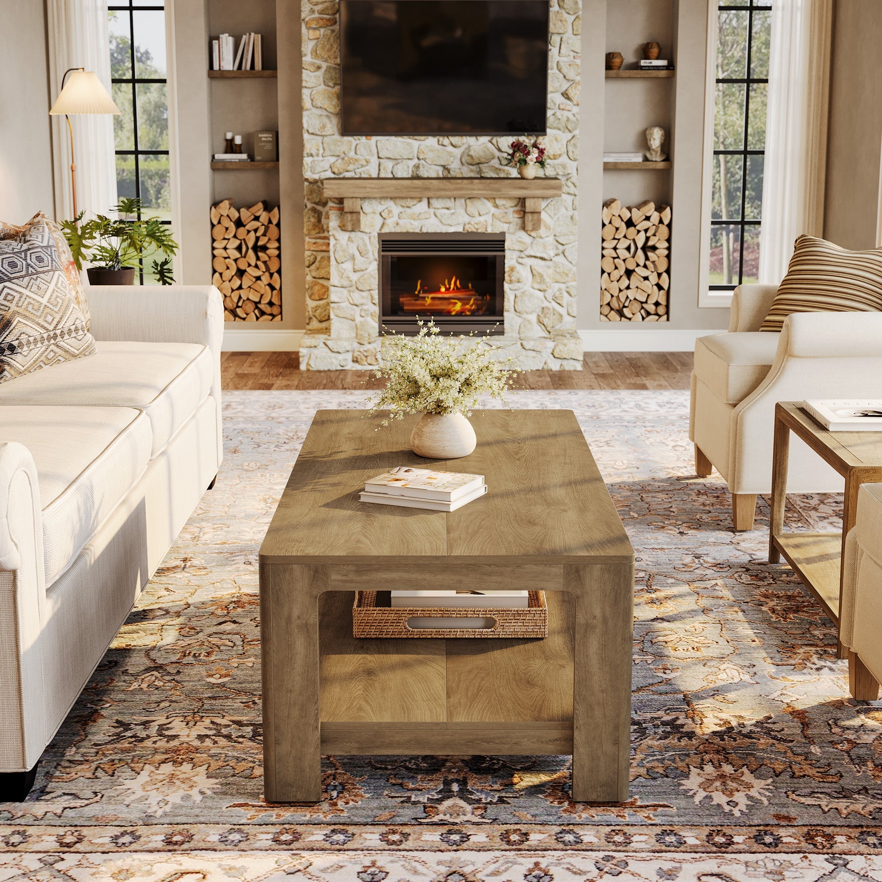 47.24" Coffee Table with 2-Tier Storage, Rectangular Center Table for Living Room