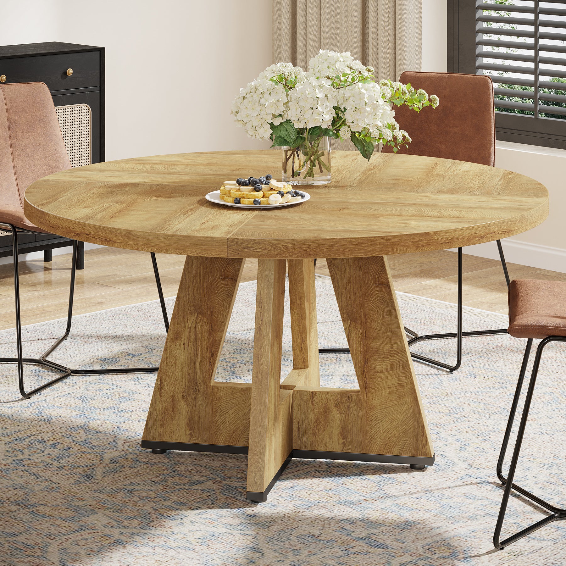Round Dining Table for 4, 47" Wood Kitchen Table Farmhouse Dinner Table