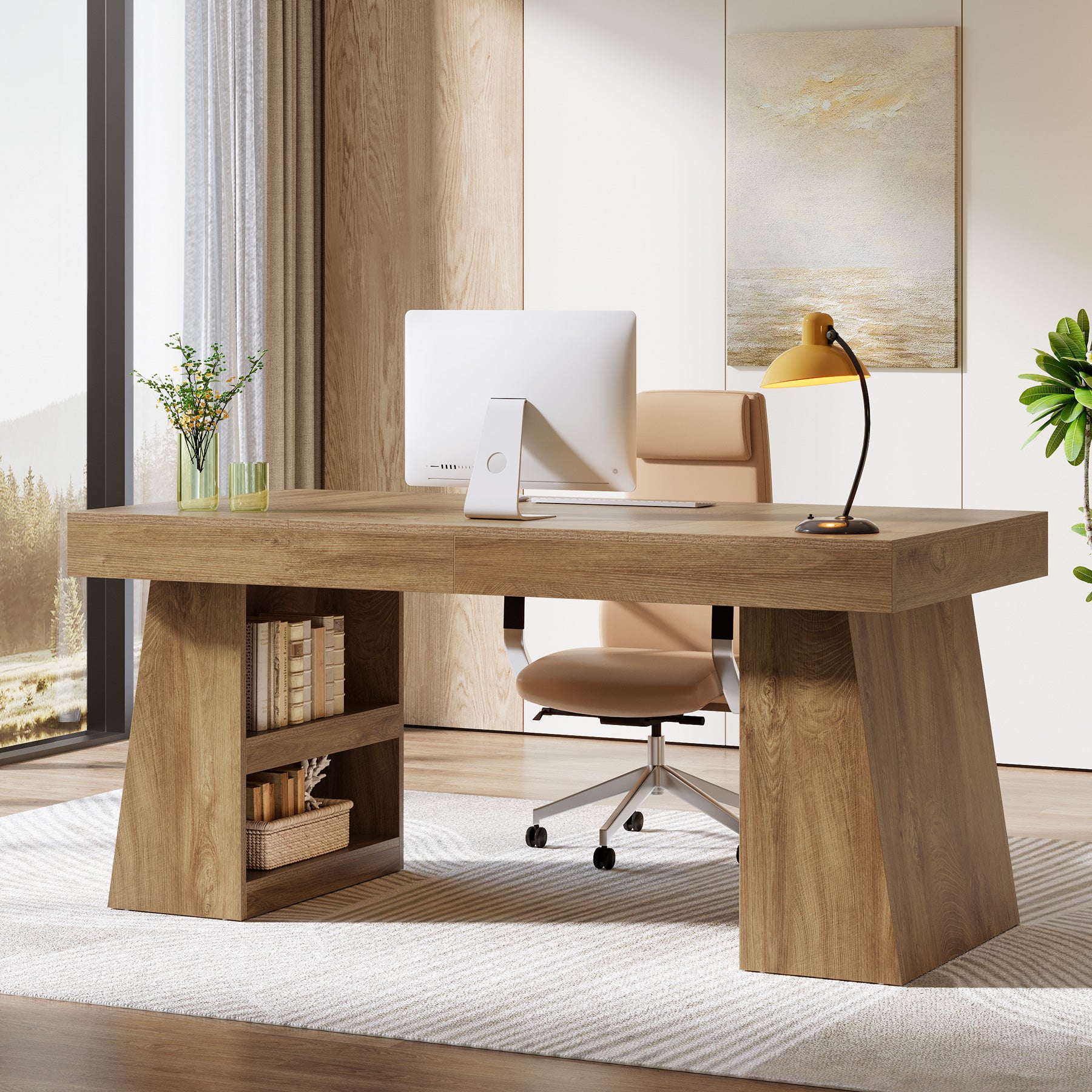 55" Executive Desk with Drawer, Farmhouse Computer Desk with Storage Shelves for Home Office