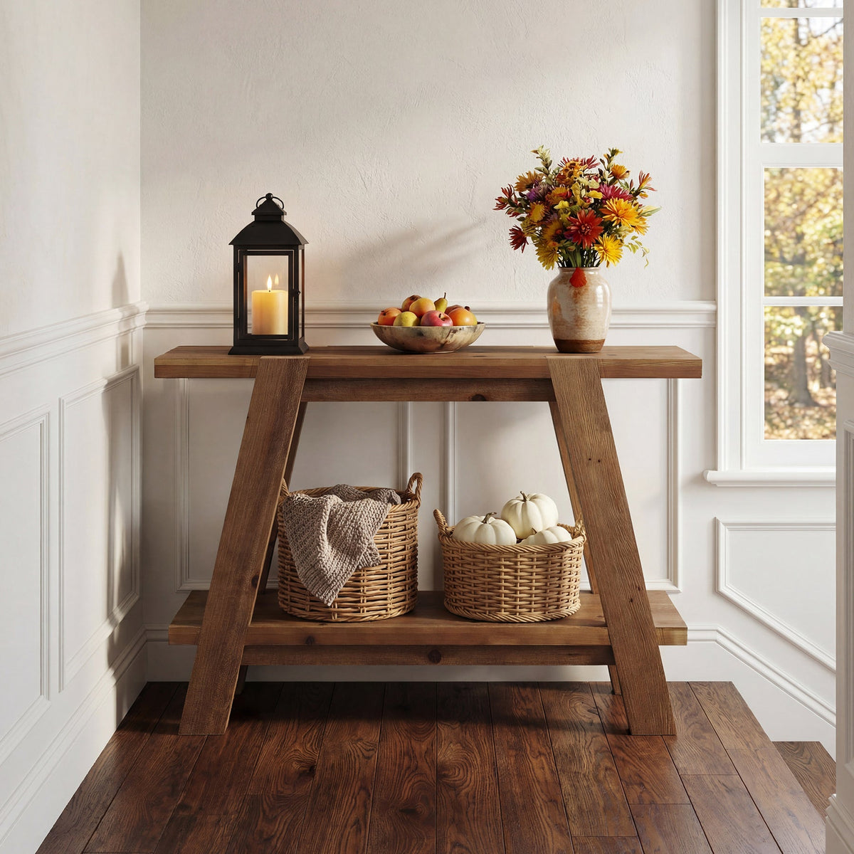 43" Solid Wood Console Table, 2-Tier Narrow Sofa Entryway Table for Living Room