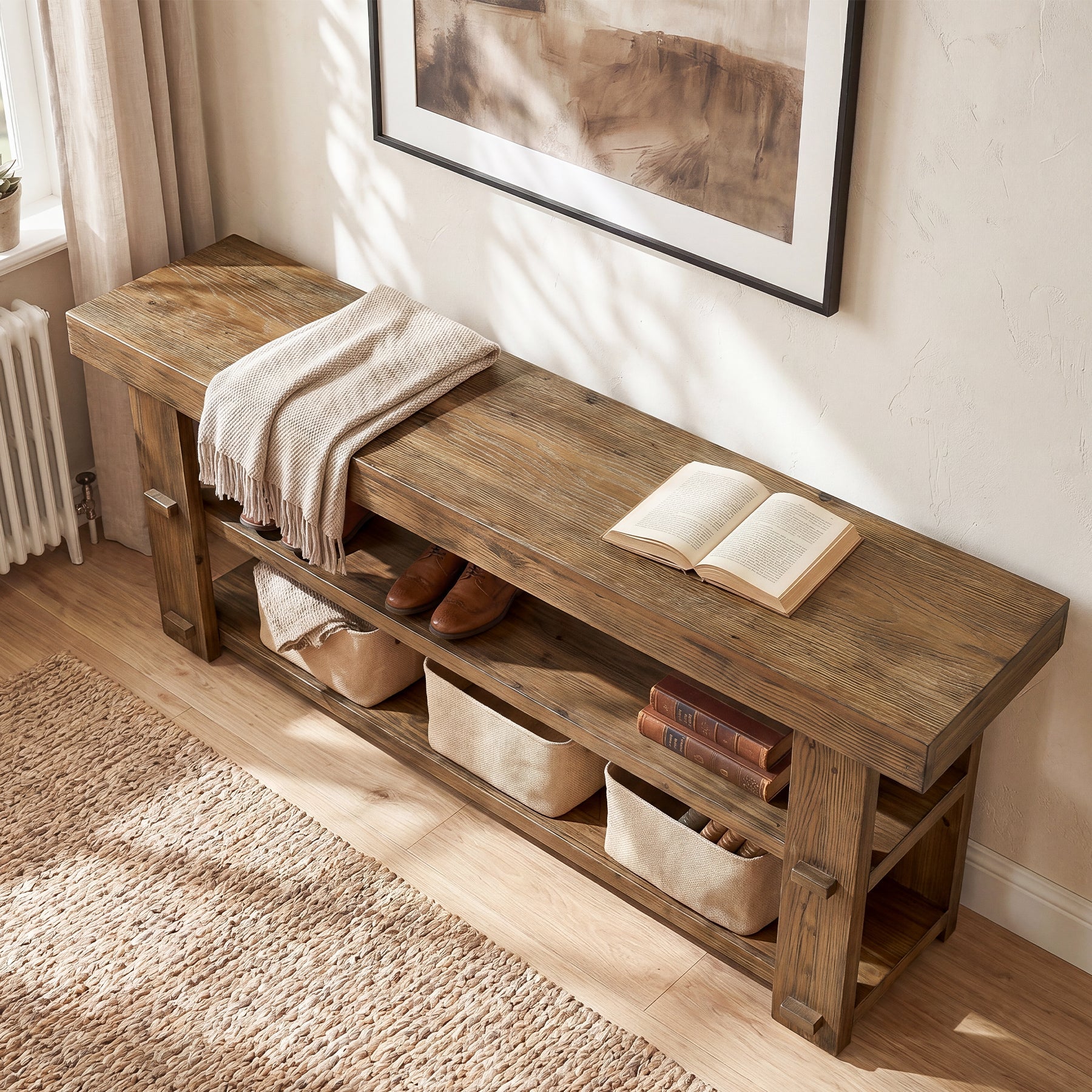 55" Solid Wood Entryway Bench, 2-Tier Shoe Storage Bench for Entryway