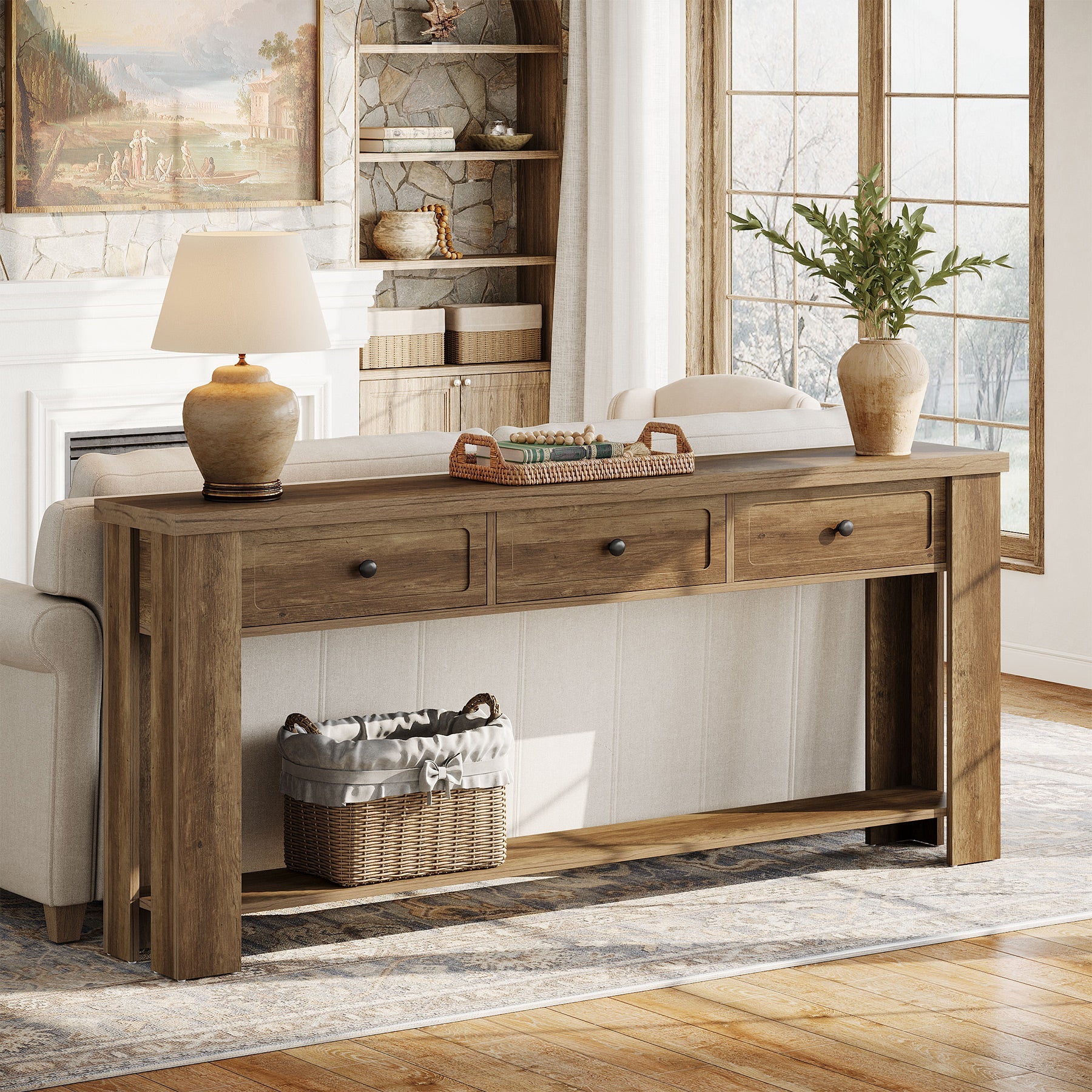 70.9" Console Table with 3 Drawers, Farmhouse Entryway Sofa Table with Shelf for Hallway