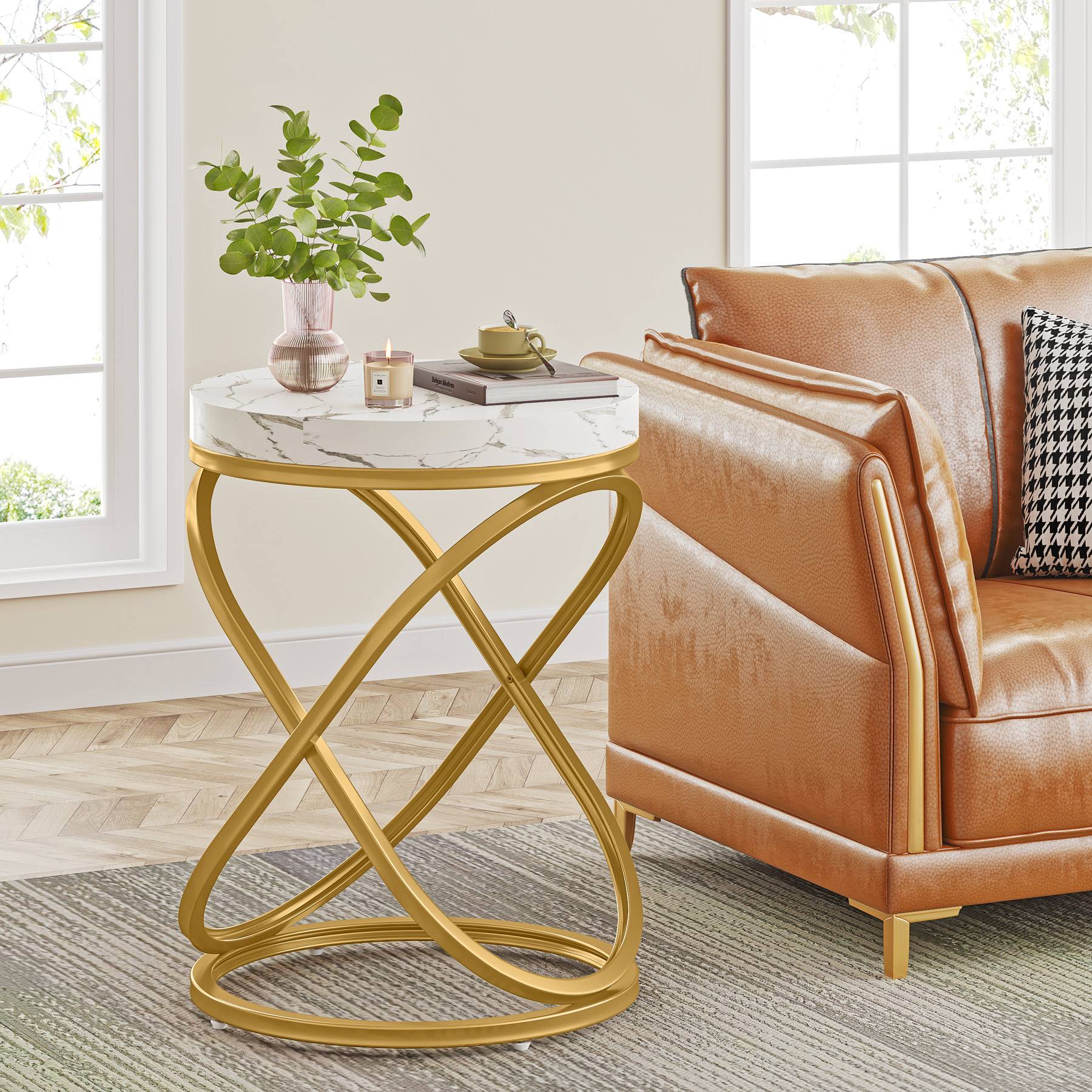 End Table, 26" Tall Round Sofa Side Table with Faux Marble Top Tribesigns