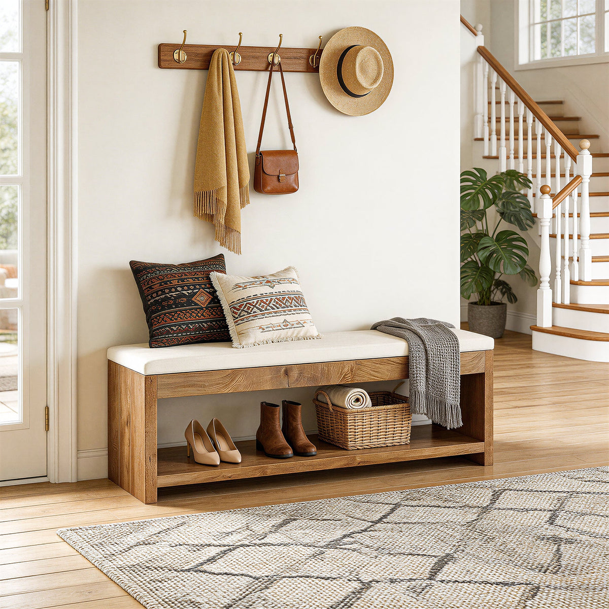 55" Entryway Bench, Wooden Shoe Bench with Cushion and Shoe Rack