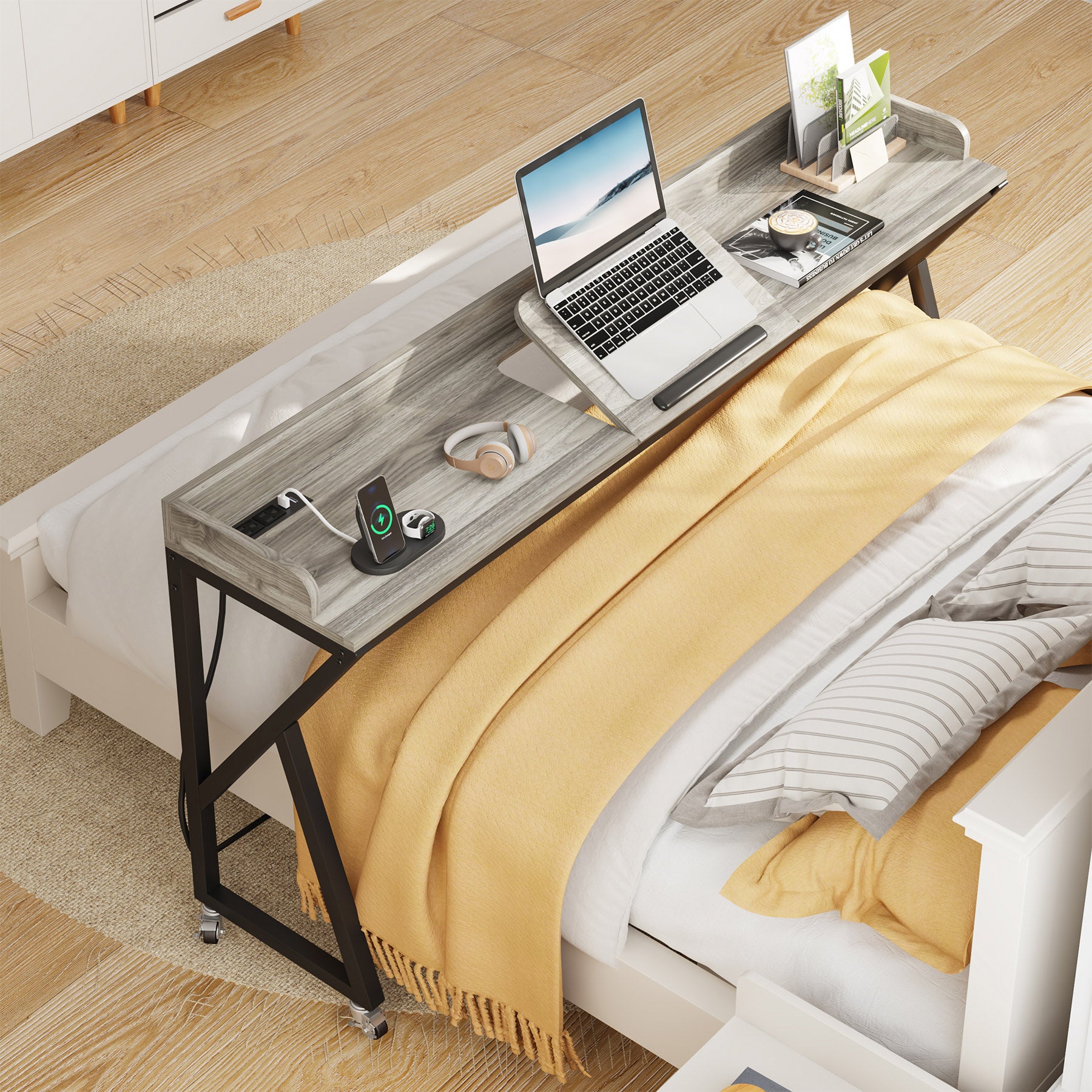 Mobile Overbed Table, 70.9" Over Bed Desk with Adjustable Tilt Board