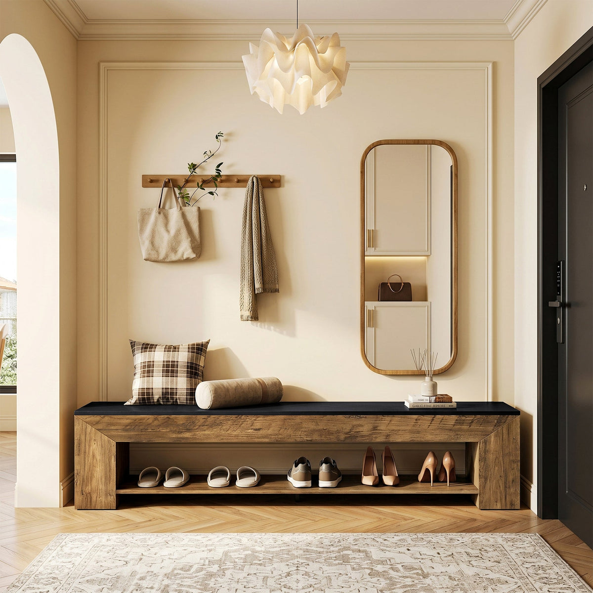 71" Entryway Bench with Shoe Storage, Farmhouse Shoe Bench with 2 Shelves