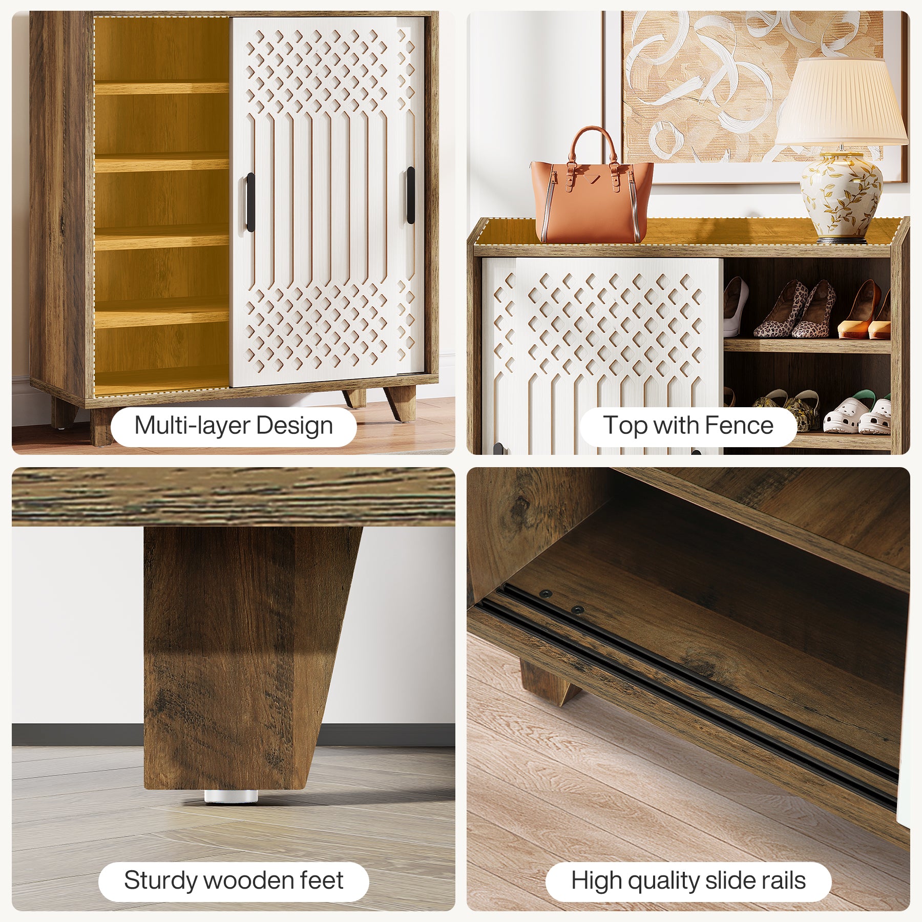 Wood Shoe Cabinet with Sliding Doors, Modern Shoe Organizer for Entryway