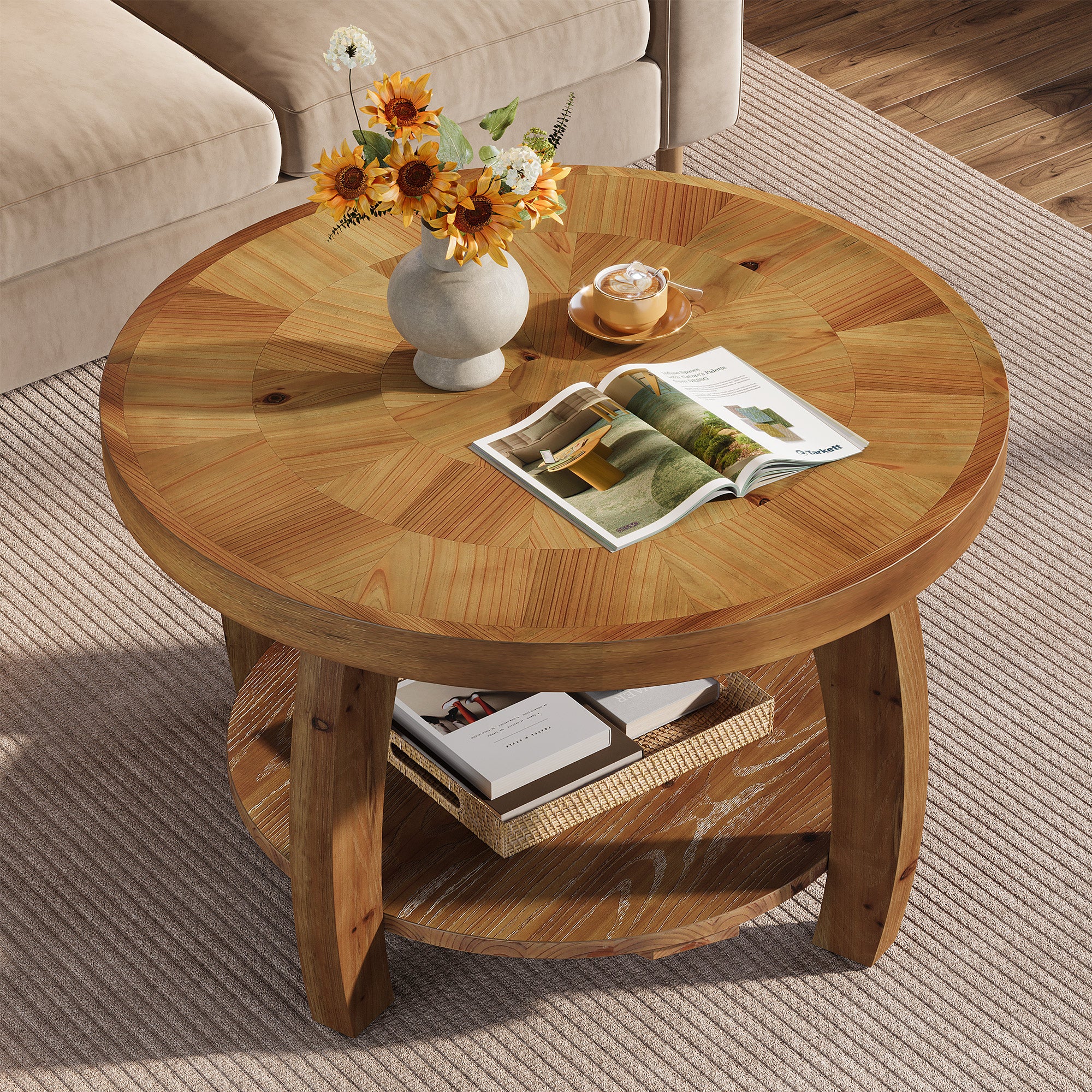 Solid Wood Round Coffee Table, 2-Tier Center Table with Storage for Living Room