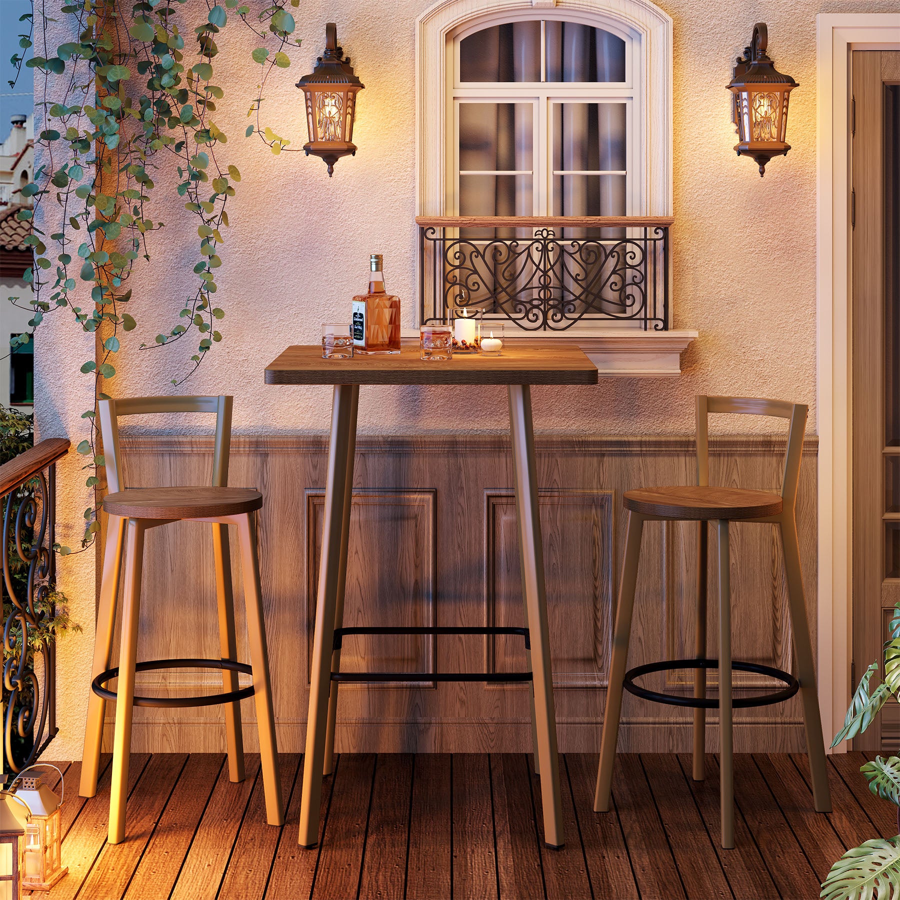 Square Bar Table and Chair Set, 39.4" H Bistro Pub Table with 2 Chairs