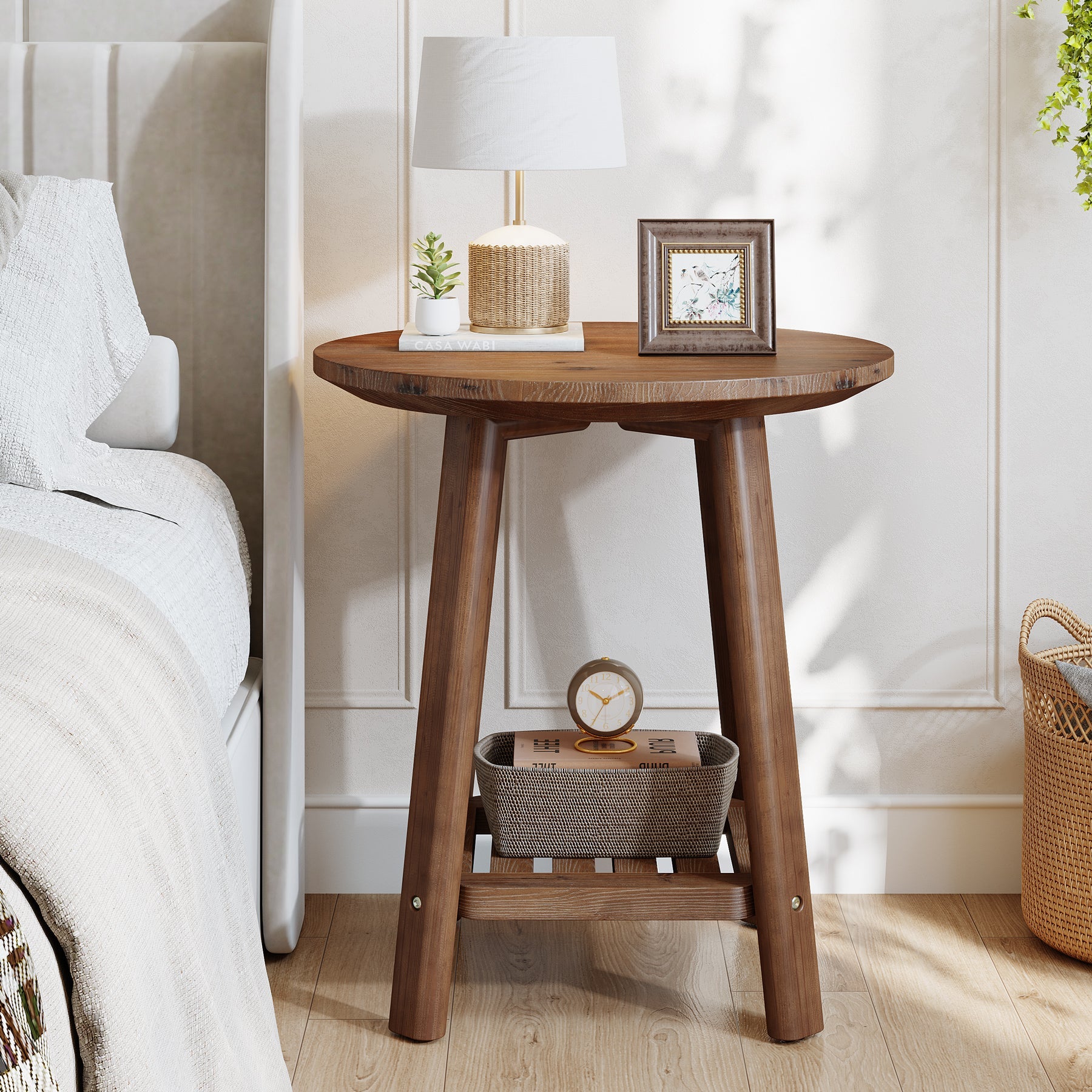 19.69" Round Solid Wood End Table, 2-Tier Farmhouse Side Table with Storage Shelf