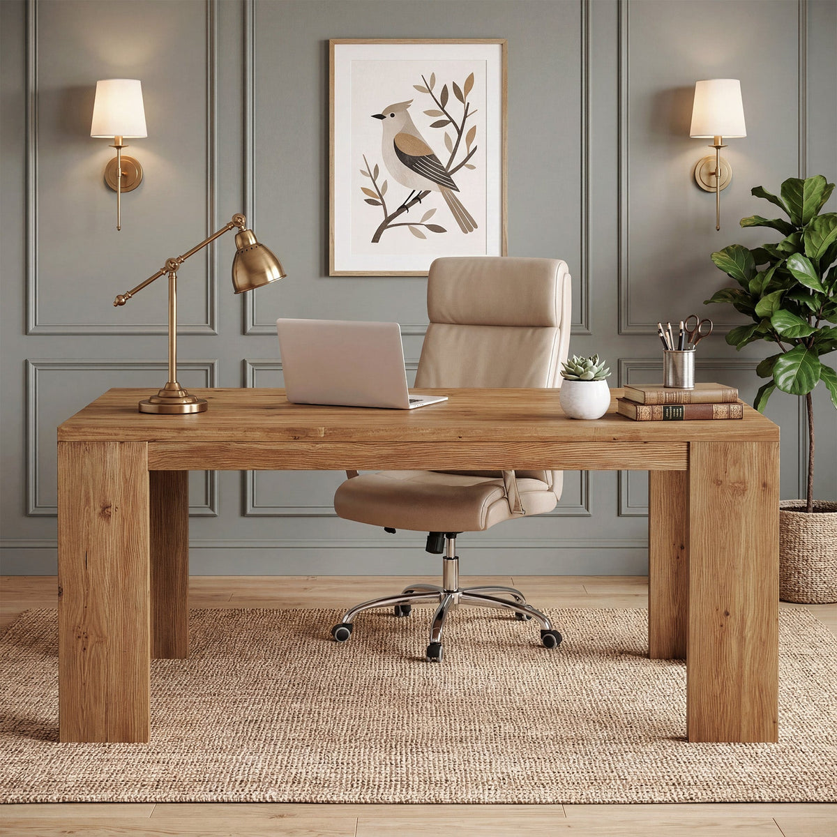 63" Solid Wood Executive Desk, Farmhouse Computer Desk with Large Tabletop for Home Office