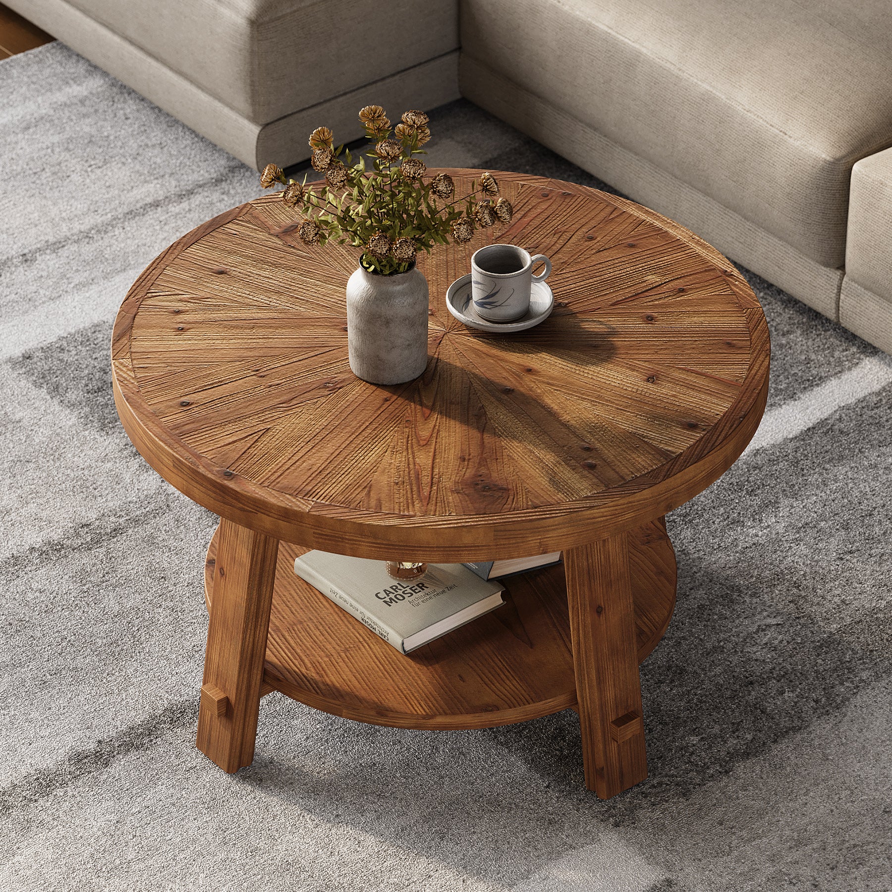 Solid Wood Coffee Table with Storage, 2-Tier Round Tea Table for Living Room