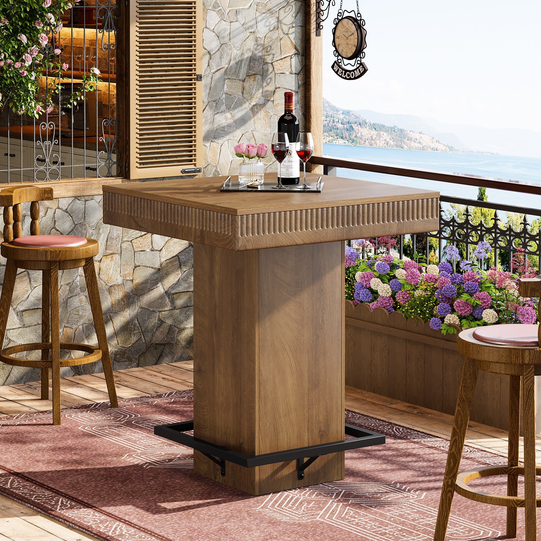 Square Bar Table, Industrial Bistro Pub Table with Metal Footrest