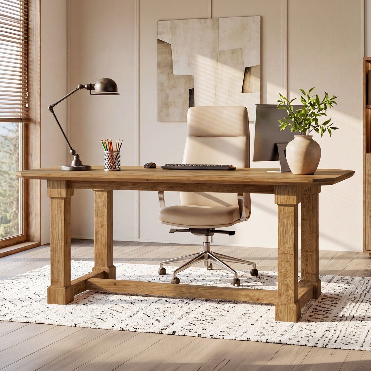 63" Solid Wood Executive Desk, Wooden Office Computer Desk with Thick Top & Sturdy Legs