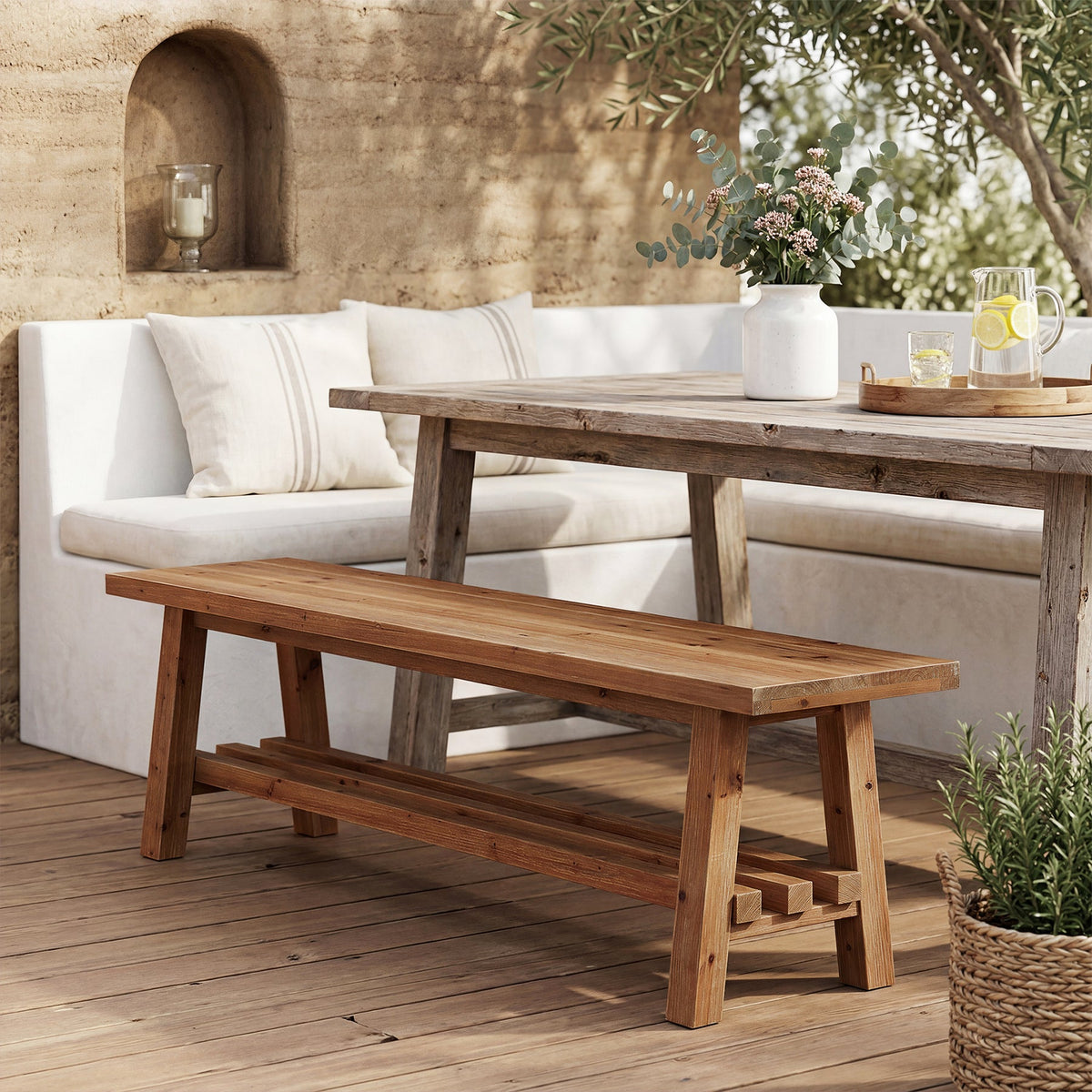 55" Solid Wood Dining Bench, 2-Tier Kitchen Dining Seat for Dining Room