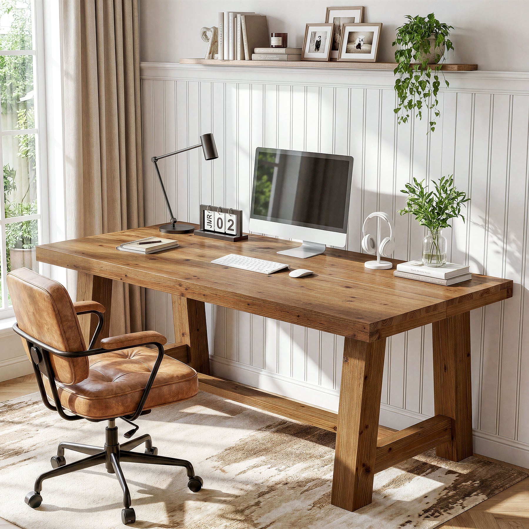 63" Farmhouse Computer Desk, Solid Wood Home Office Desk with Thick Tabletop