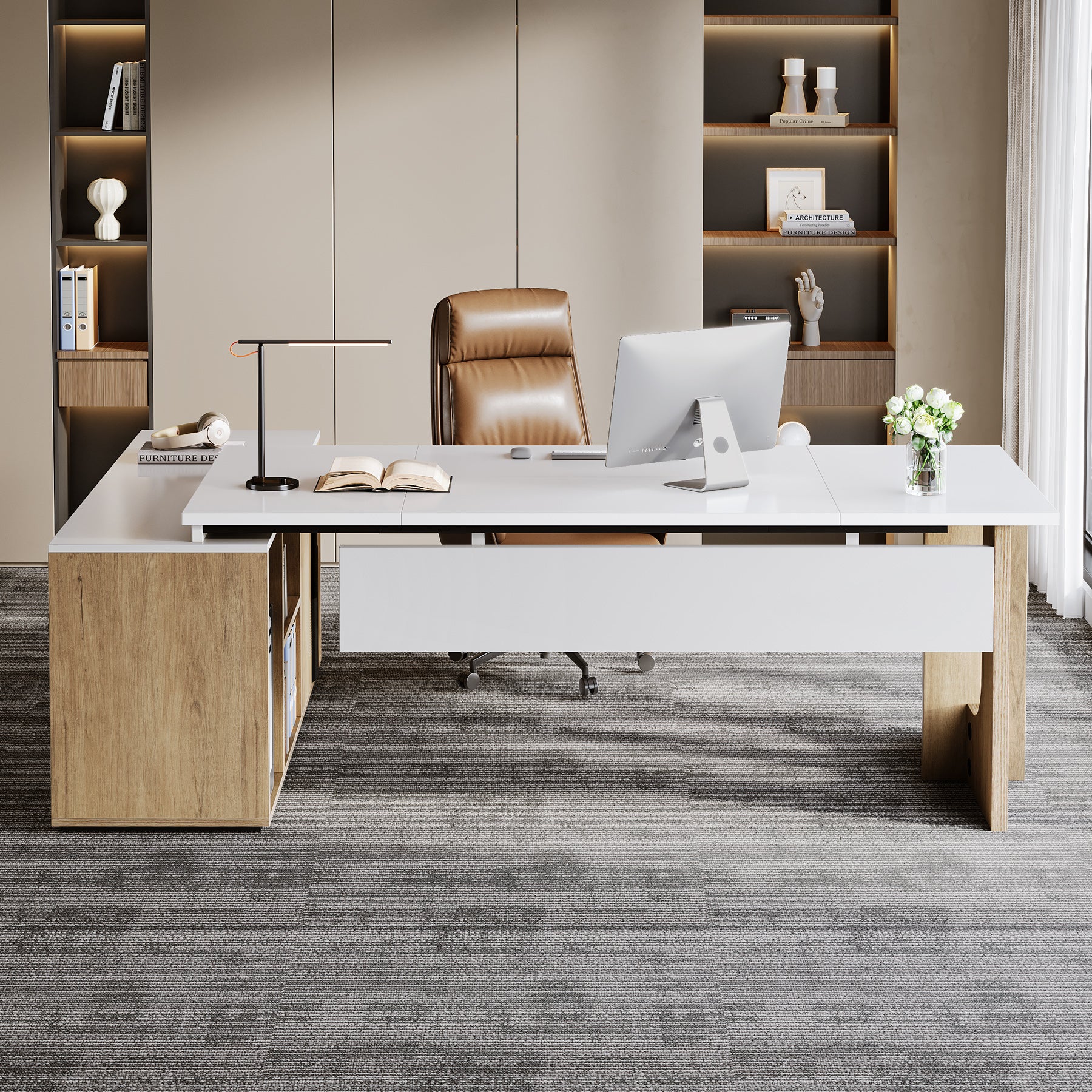 L-Shaped Executive Desk, 74.8" Computer Desk with Cabinet