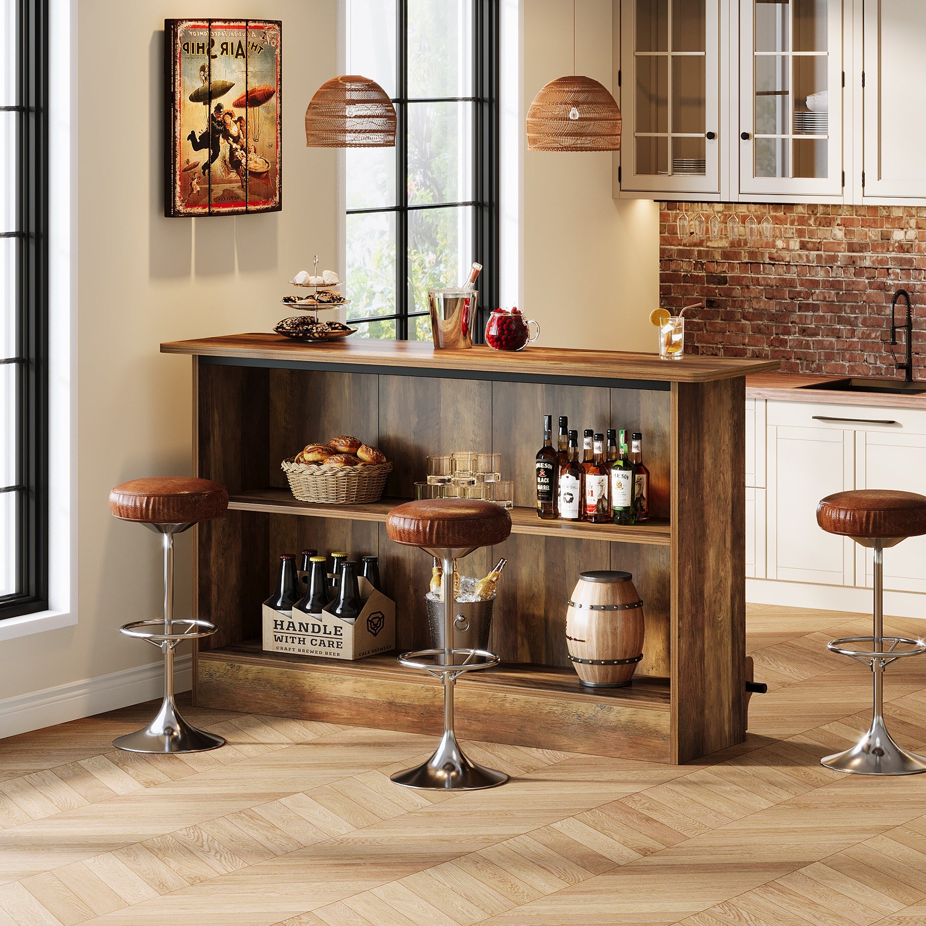 63" Home Bar Unit, 2-Tier  Bar Table Coffee Cabinet with Footrest
