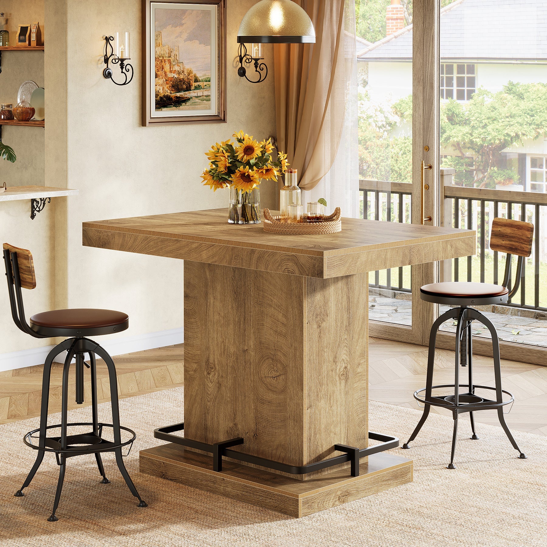 47" Bar Table, Rectangular Bistro Pub Table with Metal Footrest