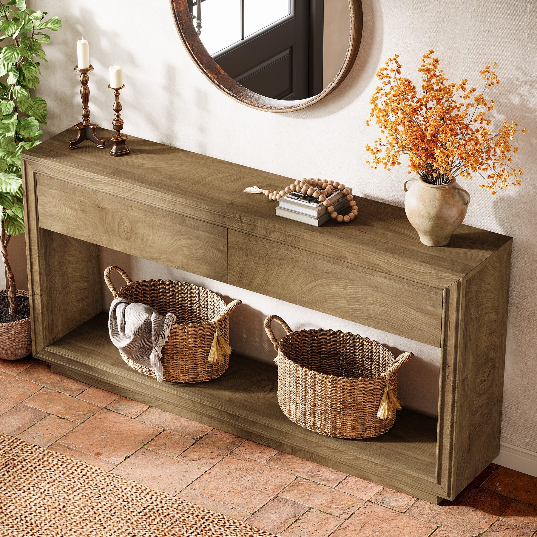 63" Console Table with 2 Drawers and Shelf, Farmhouse Entryway Sofa Table for Hallway