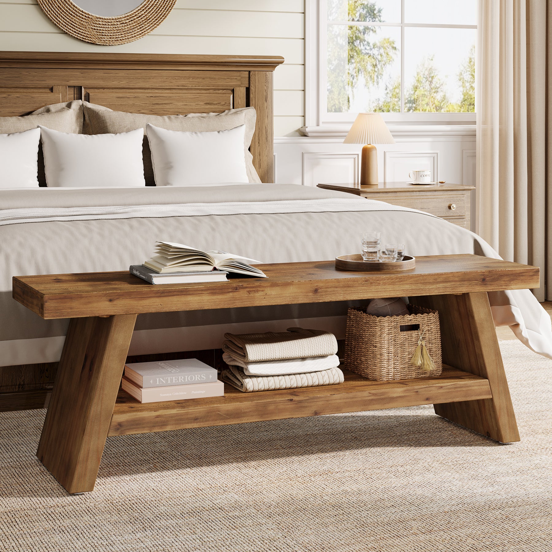 Solid Wood Shoe Bench, 2-Tier Entryway Bench with Open Shelves