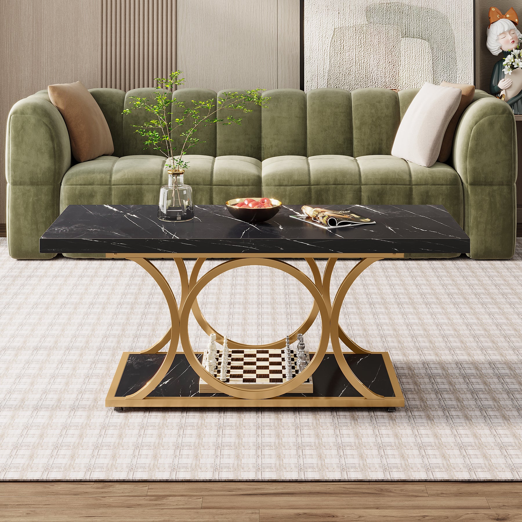 Rectangle Coffee Table, 46.45" Faux Marble Tea Table with Storage Shelf