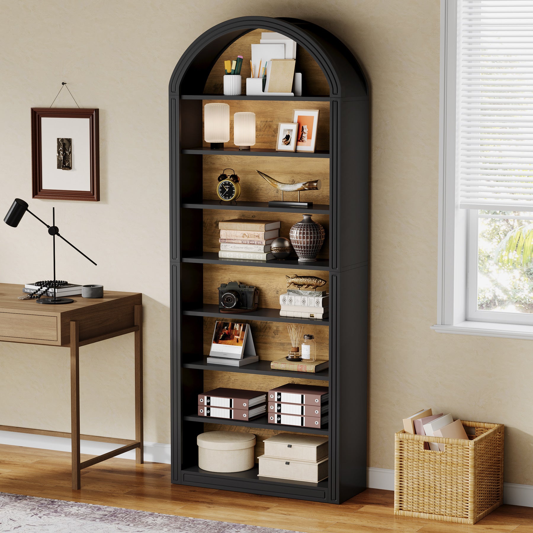 6-Tier / 8-Tier Bookshelf, Wooden Arched Bookcase Display Shelving Unit
