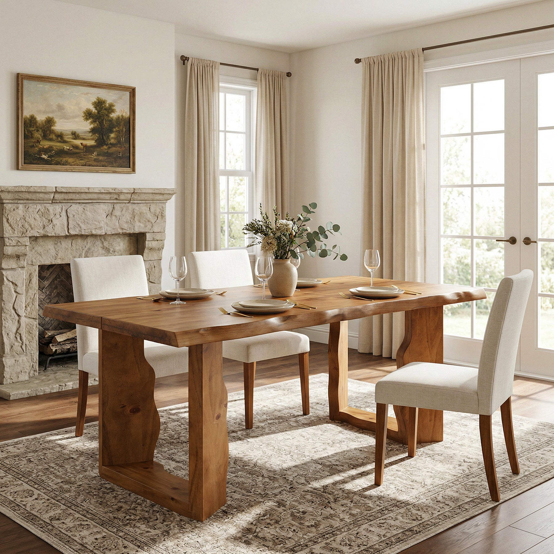 63" Solid Wood Dining Table for 6, Rectangular Kitchen Table with Sculptural Legs