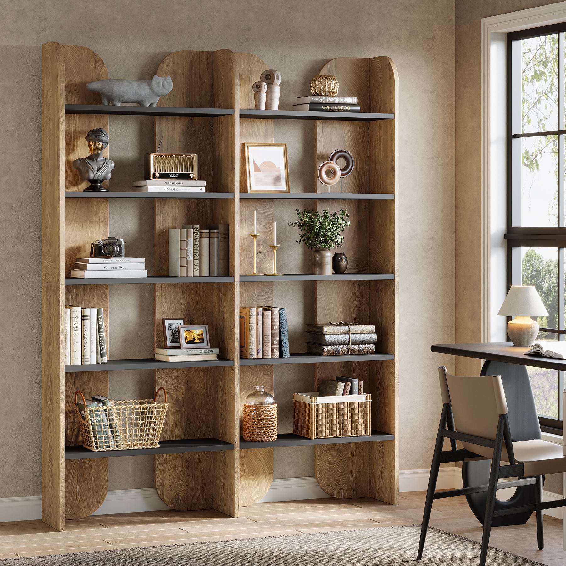 70.87" Bookshelf, 5-Tier Double Wide Bookcase with Open Shelves