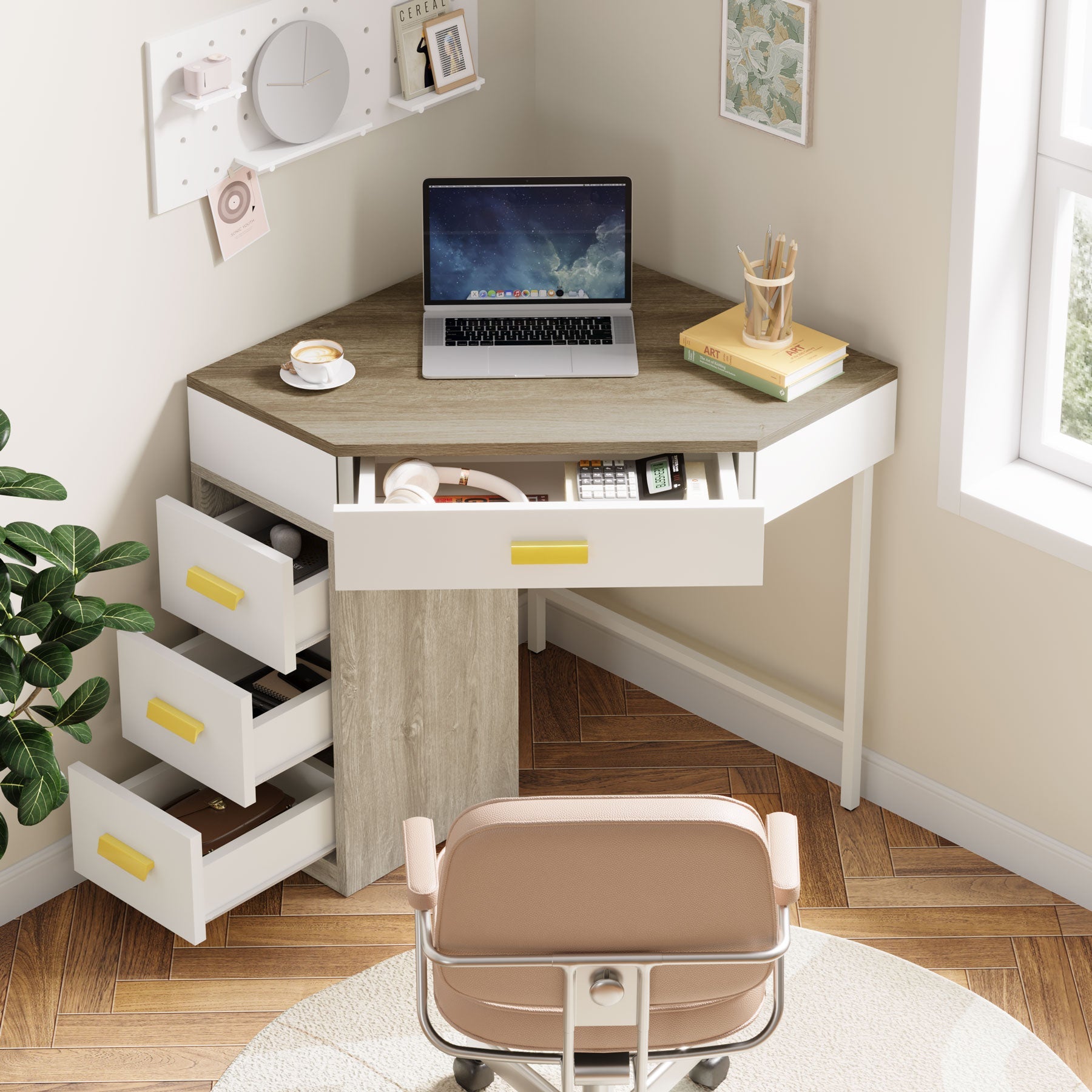 Corner Desk, Triangle Computer Desk Makeup Vanity Desk with 3 Drawers