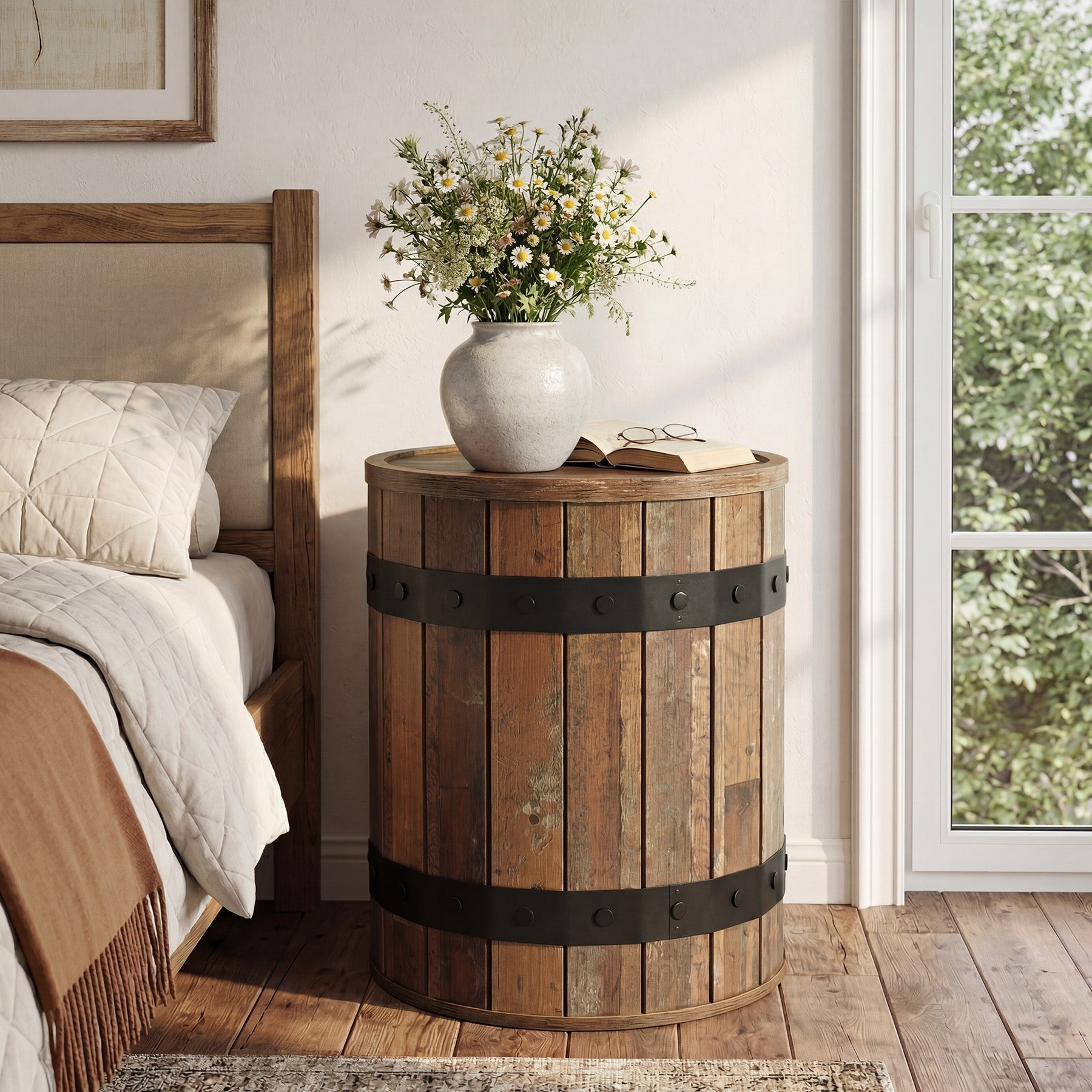19.68" Barrel End Table with Hidden Storage, Round Side Table with Lid for Living Room