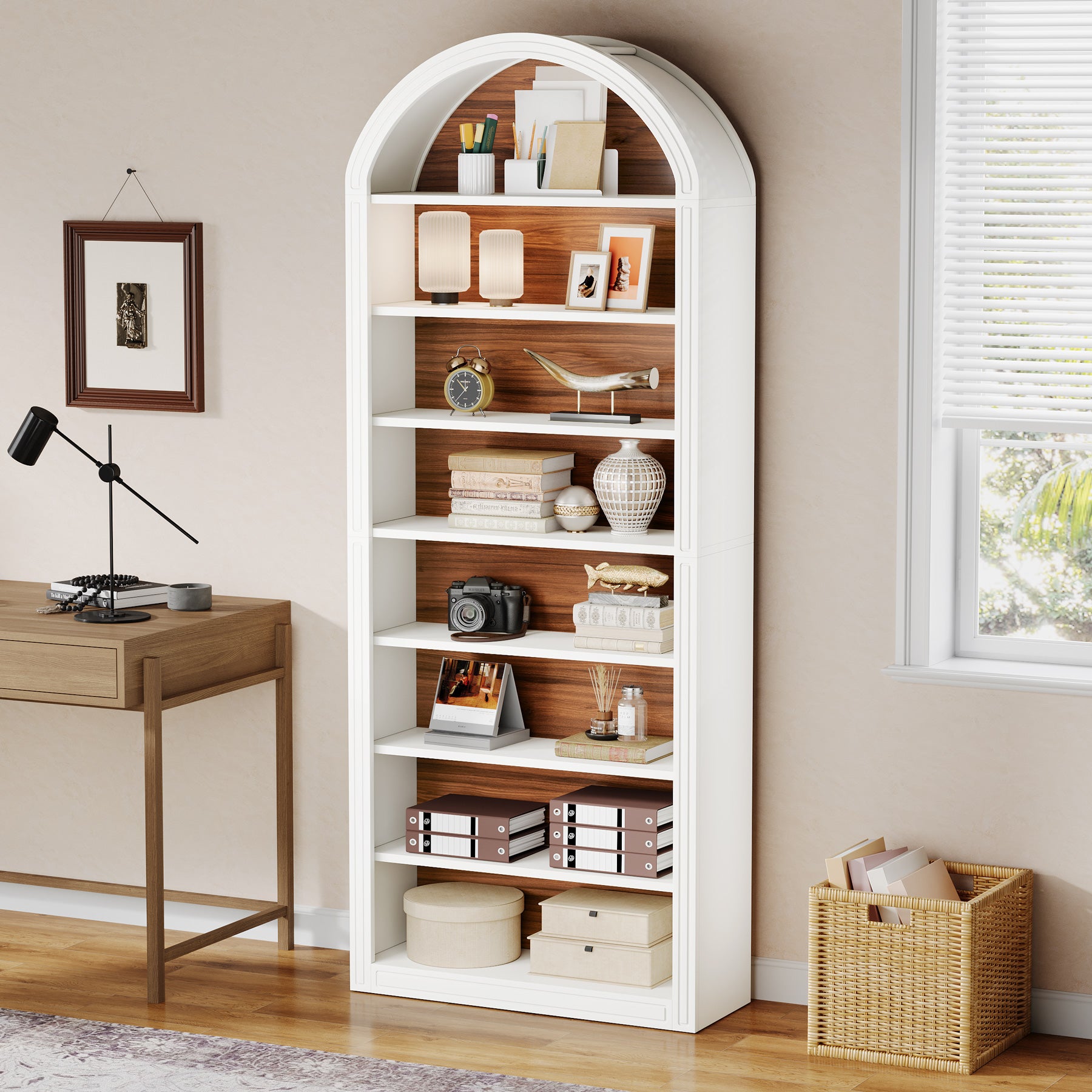 6-Tier / 8-Tier Bookshelf, Wooden Arched Bookcase Display Shelving Unit