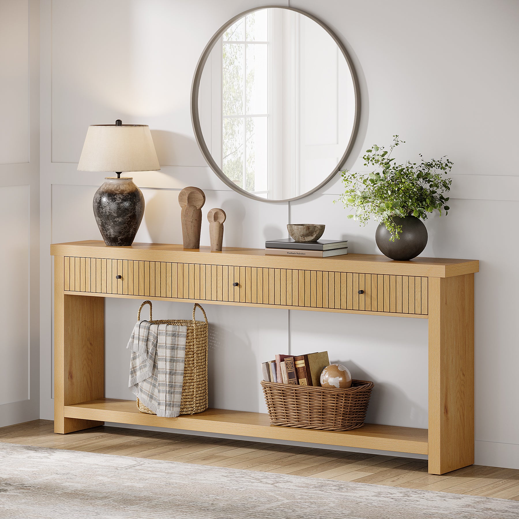 70.9" Console Table, 3-Drawer Entryway Sofa Table with Open Shelves