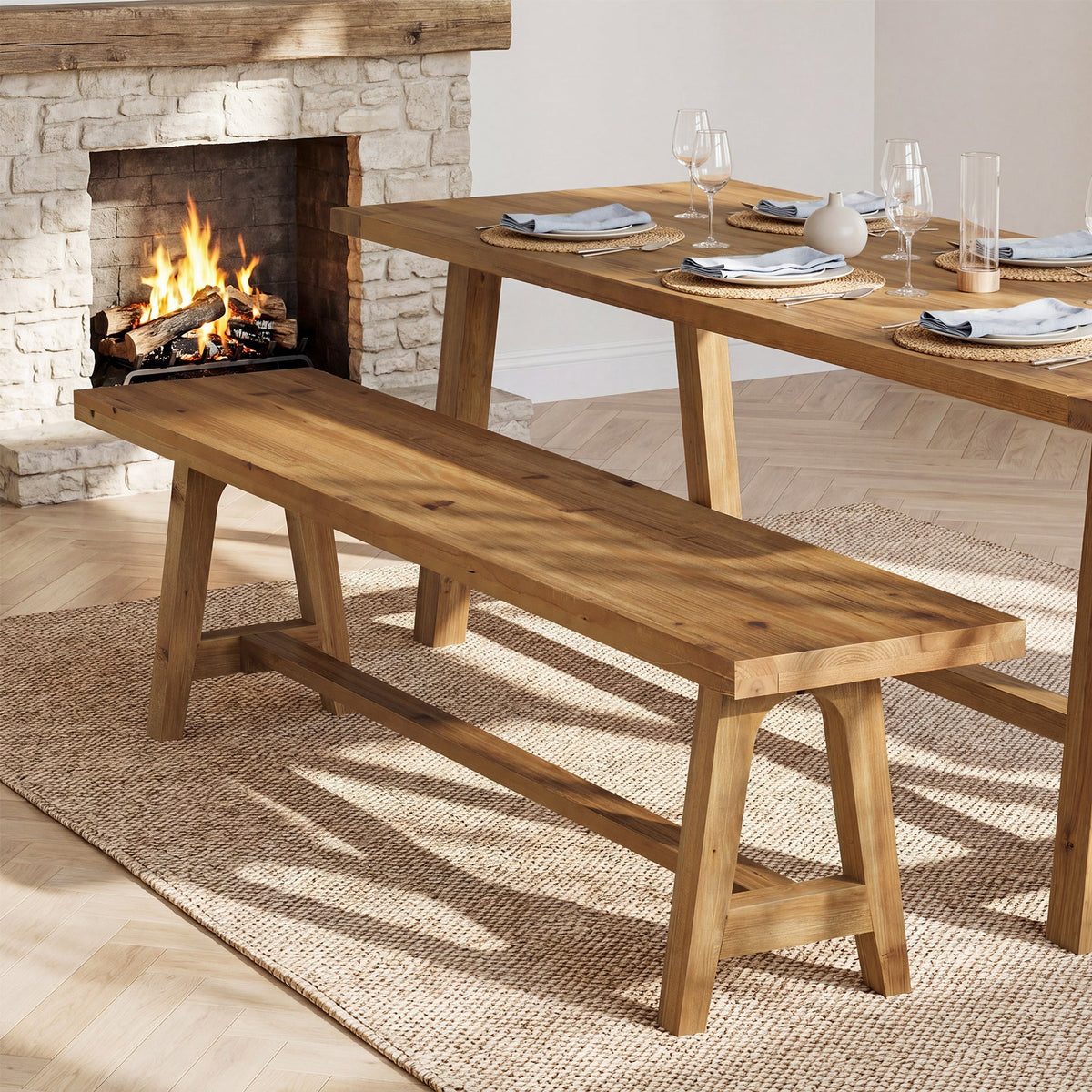 63" Solid Wood Dining Bench, Farmhouse Kitchen Bench for Dining Room, Kitchen